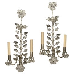 Vintage Set of Silver Plated Sconces with Molded Glass Leaves, Sold Per Pair