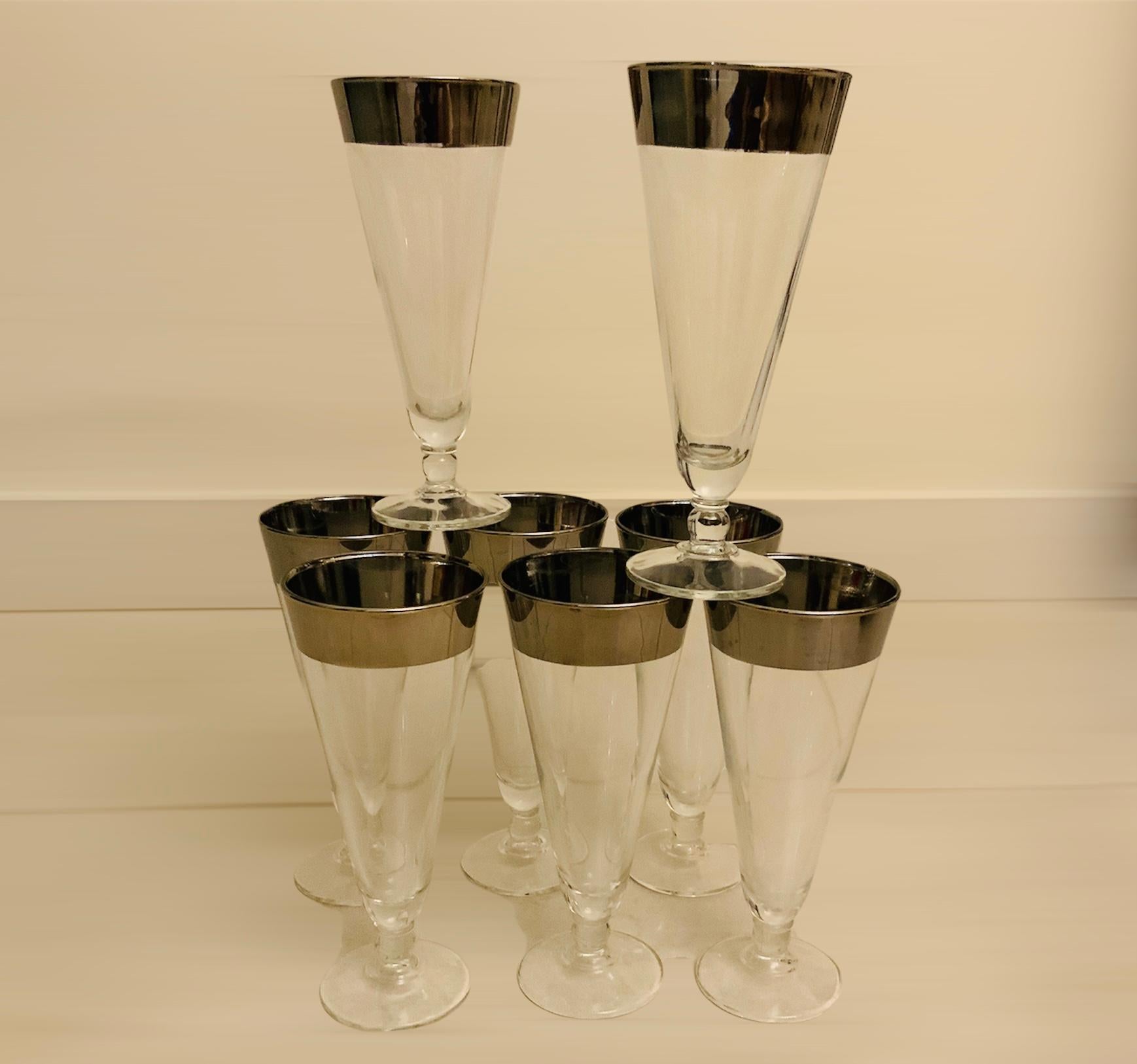 Silvered Set of Silver Rimmed Clear Pilsner Glasses