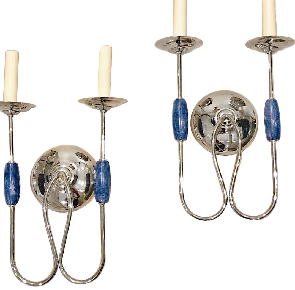 A set of six circa 1950s Italian silver plated sconces with lapis lazuli details. Sold in pairs.

Measurements:
Height 15.5
