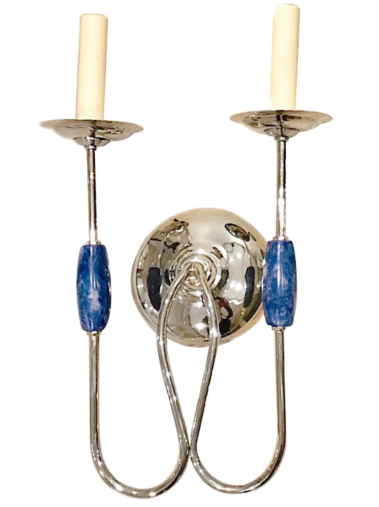 Italian Set of Silver Sconces with Lapis Lazuli Details, Sold Per Pair For Sale