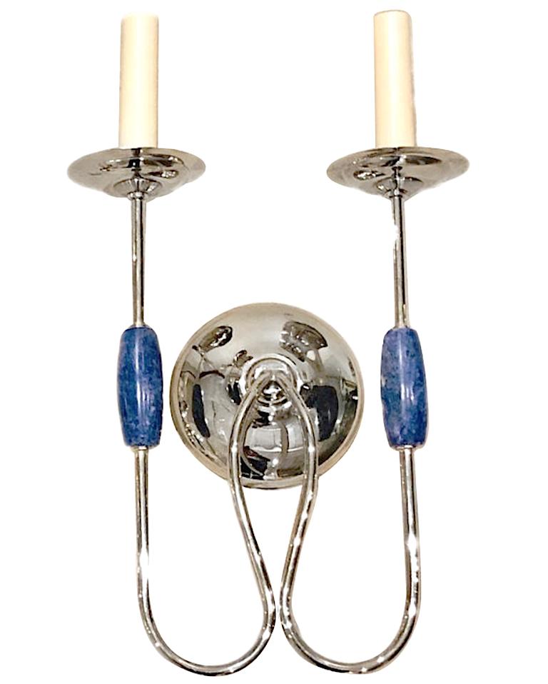 Hand-Carved Set of Silver Sconces with Lapis Lazuli Details, Sold Per Pair For Sale