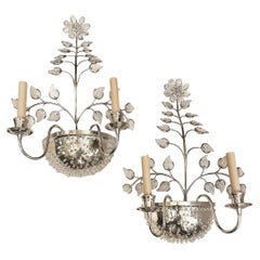 Pair of Silver Sconces with Molded Glass Leaves