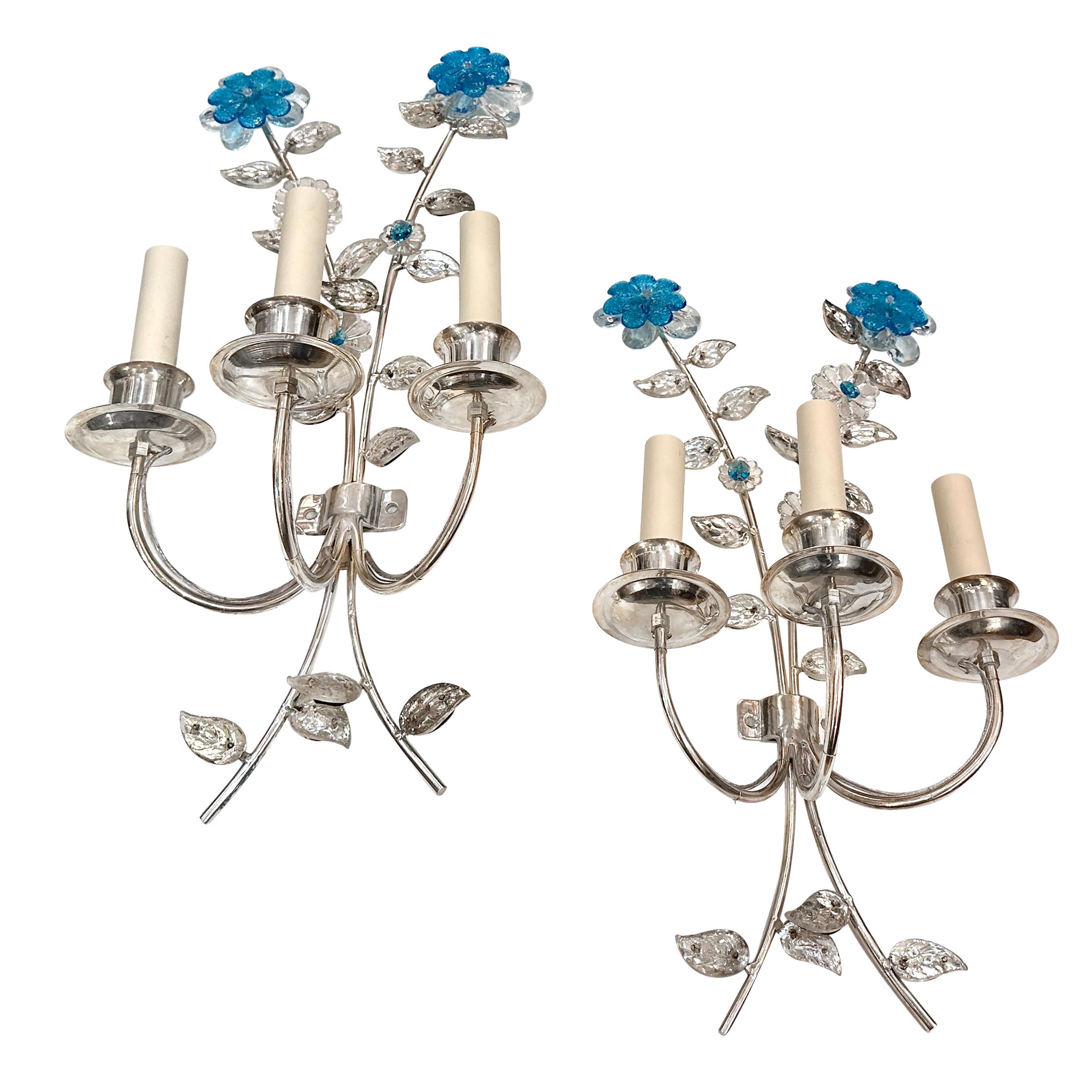 Set of 4 French 1950's silver plated sconces with turquoise color flowers. Sold per pair.

Measurements:
Height: 22