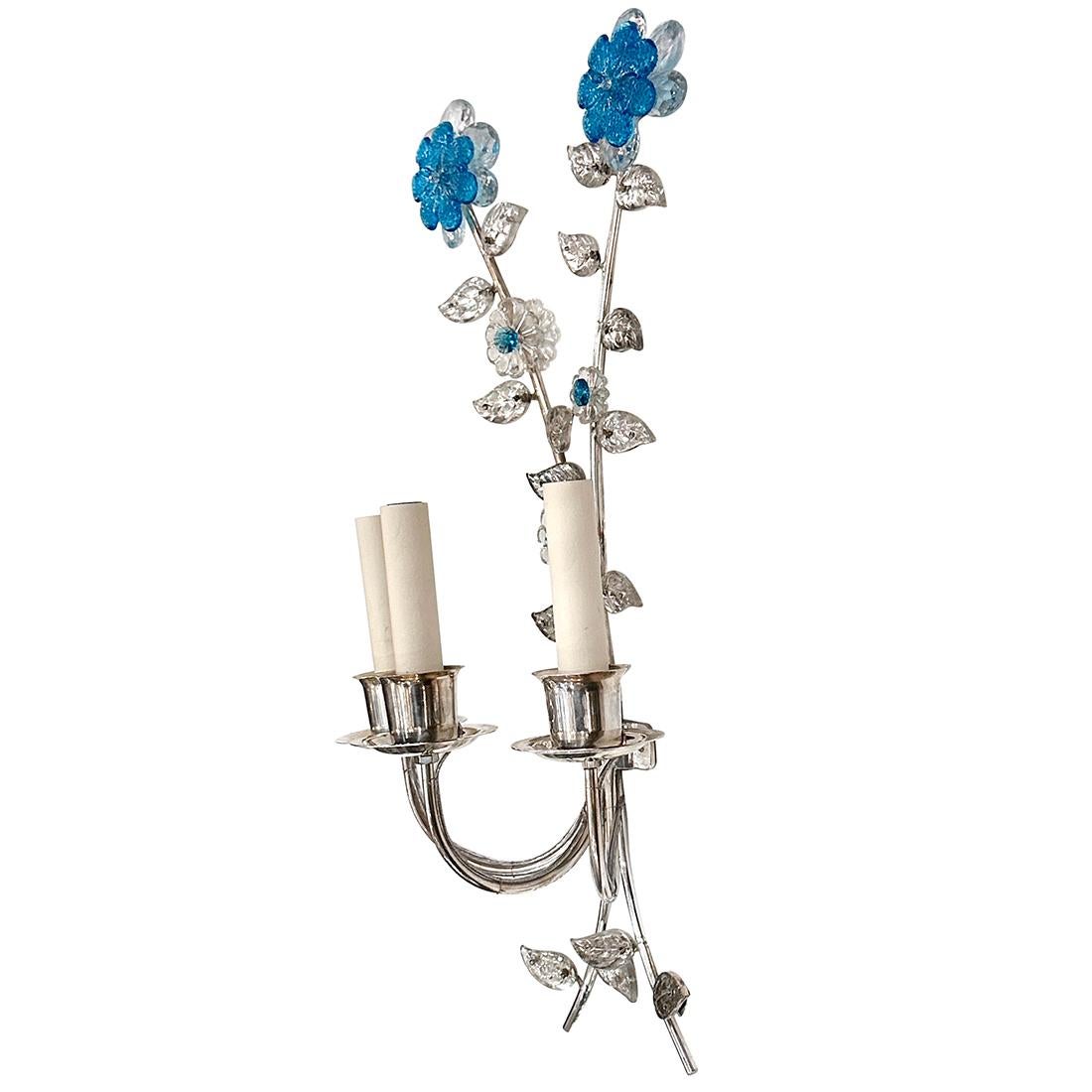 Mid-20th Century Set of Silver Sconces with Turquoise Crystals, Sold in Pairs For Sale