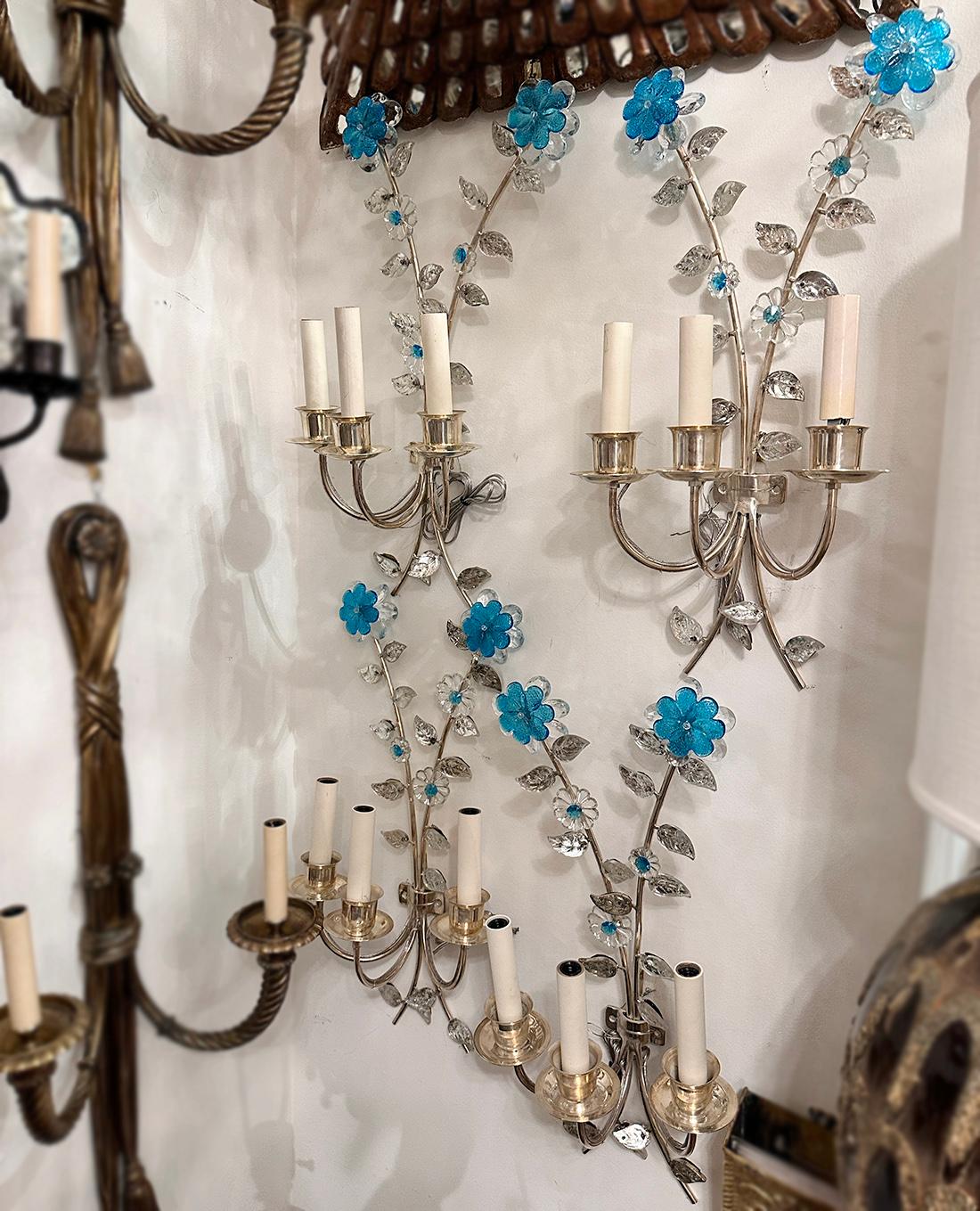 Silver Plate Set of Silver Sconces with Turquoise Crystals, Sold in Pairs For Sale
