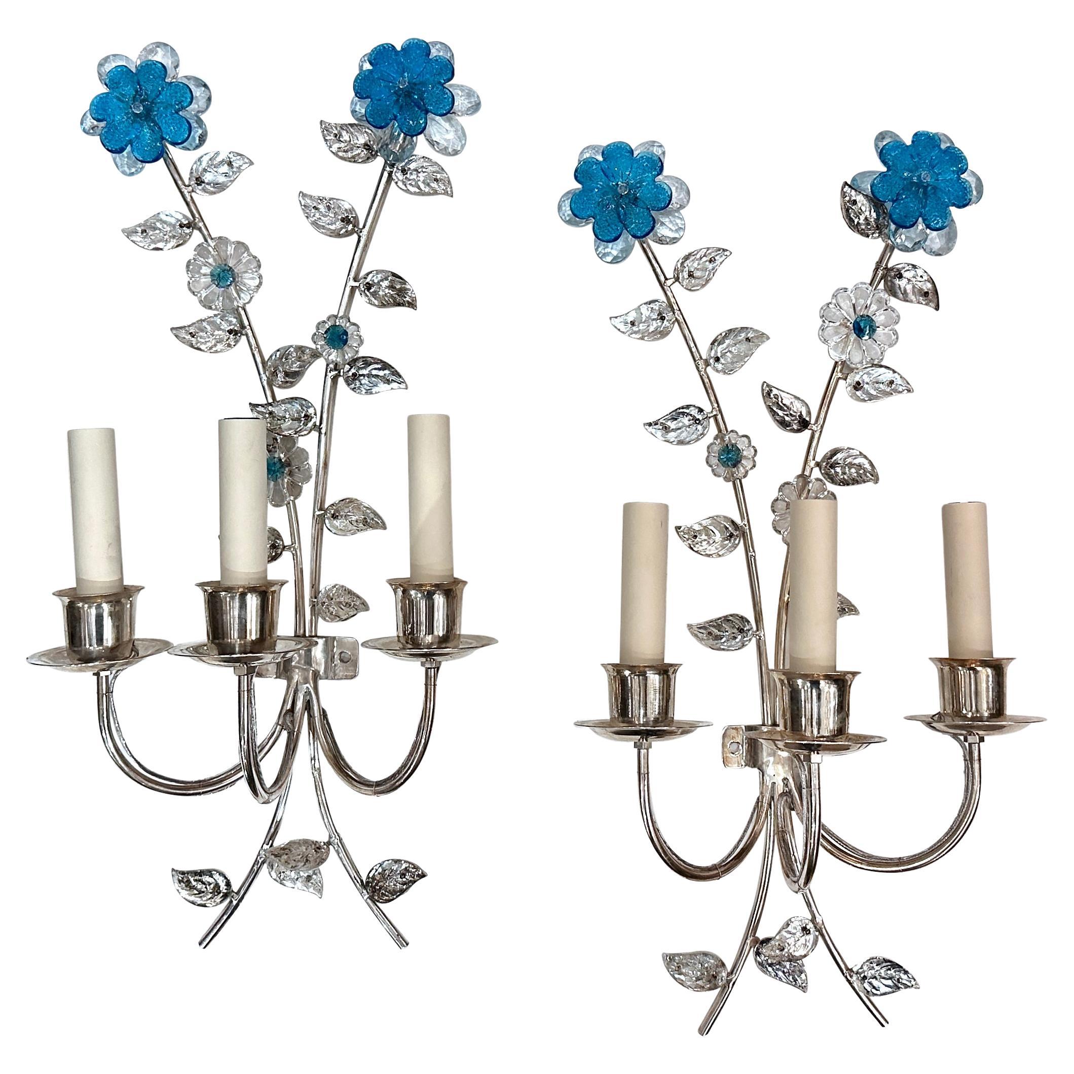 Set of Silver Sconces with Turquoise Crystals, Sold in Pairs For Sale