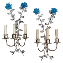 Retro Set of Silver Sconces with Turquoise Crystals, Sold in Pairs