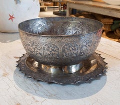 Set of Silver Tray with Bowl Decorated with Flowers and Geometric Decoration