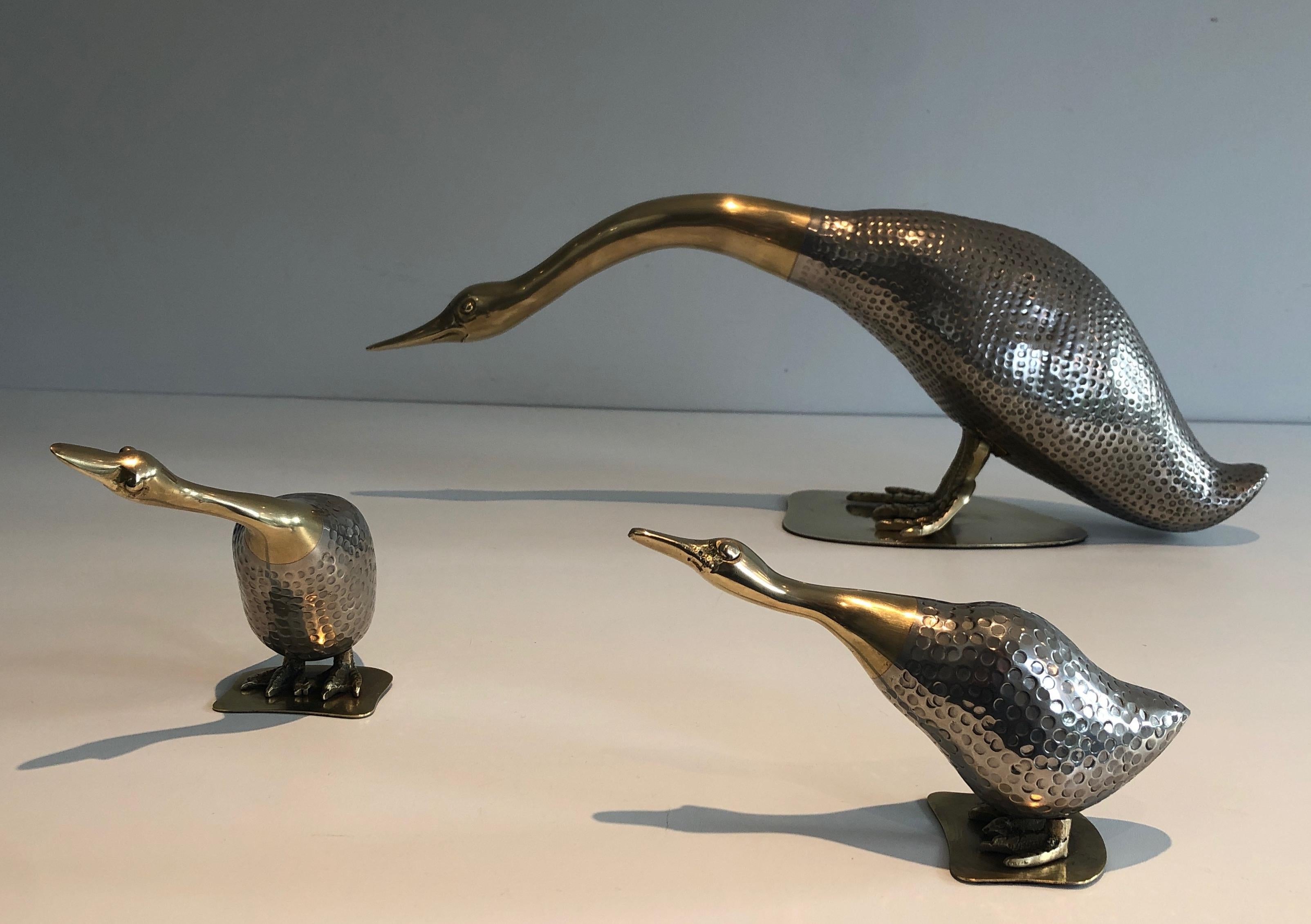 Set of Silvered and Brass Duck and Her Ducklings, French, circa 1970 For Sale 4