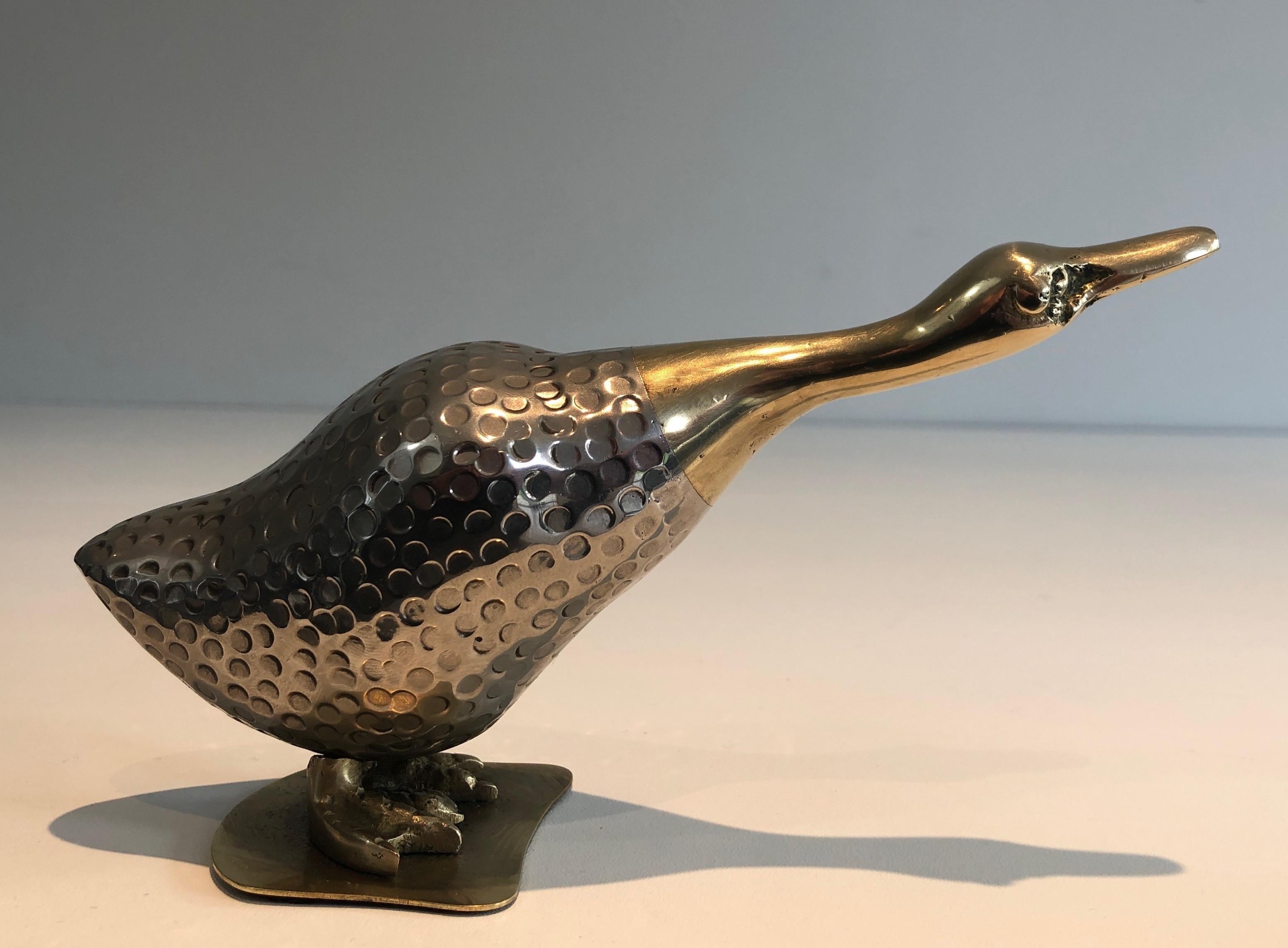 Metal Set of Silvered and Brass Duck and Her Ducklings, French, circa 1970 For Sale