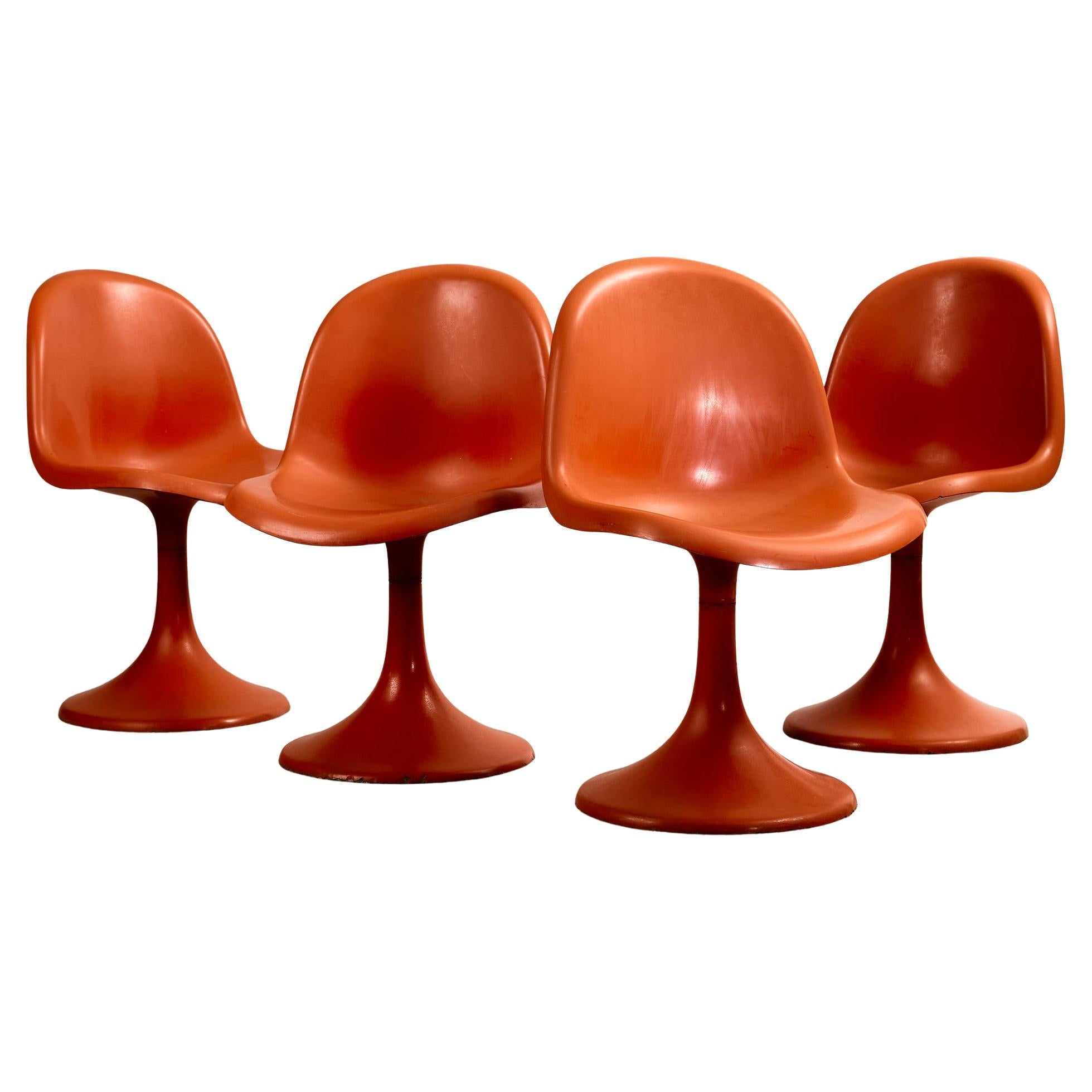 Set of Single-base Orange Molded Chairs, 1970s