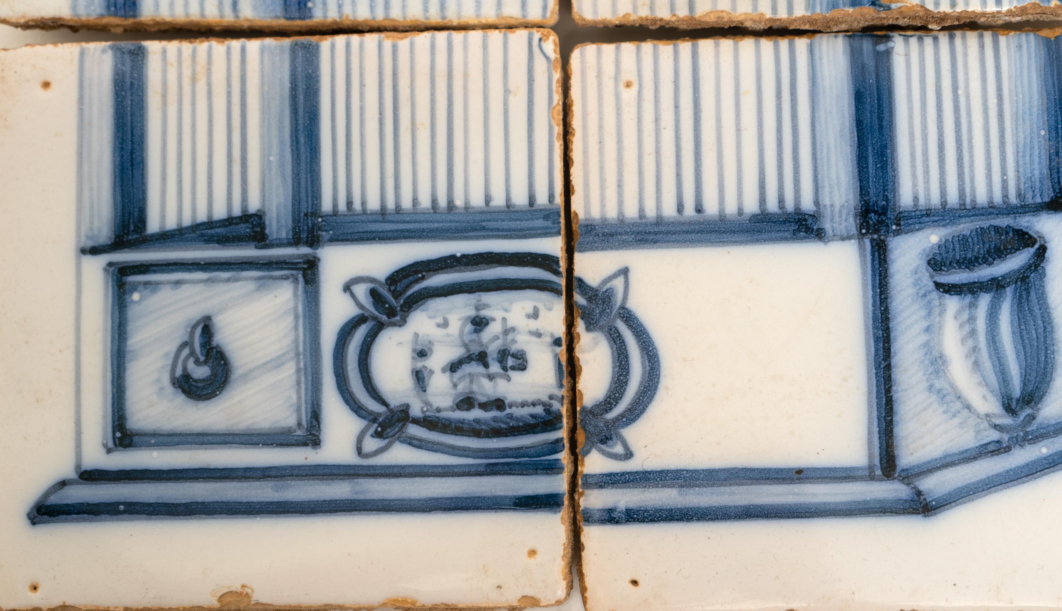 Hand-Crafted Set of Six 18th c. Dutch Delft Birdcage Tiles For Sale