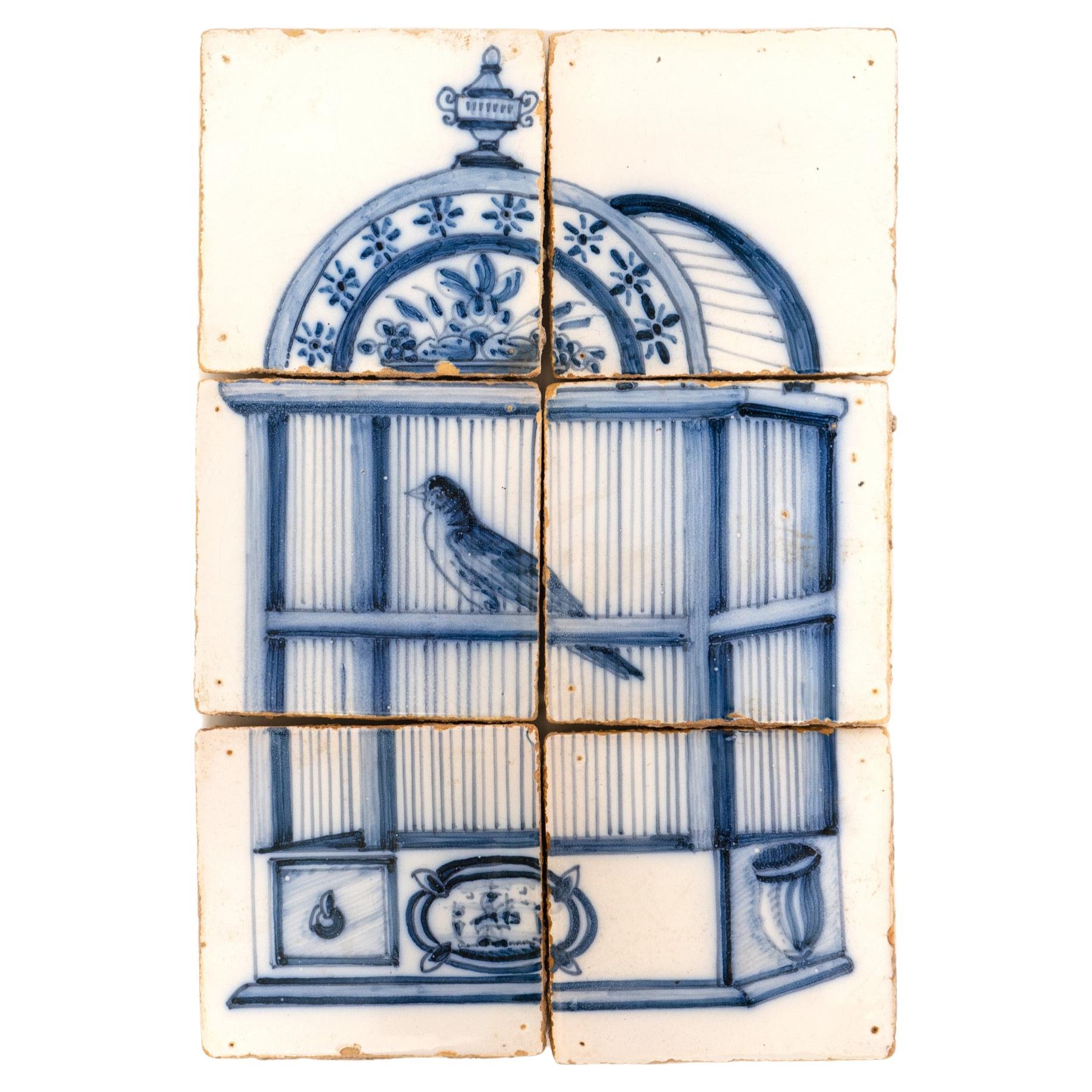 Set of Six 18th c. Dutch Delft Birdcage Tiles For Sale