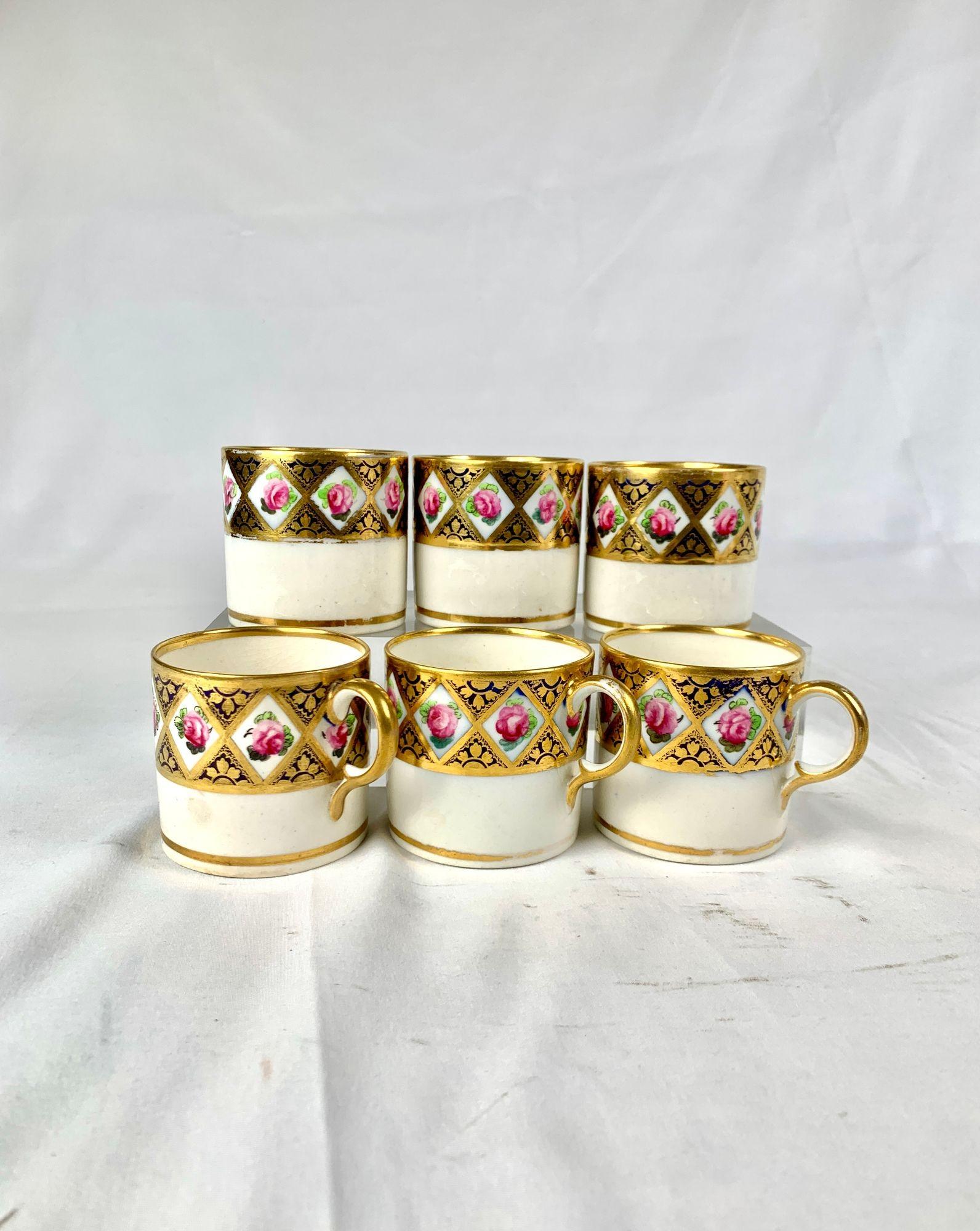 Hand-Painted Set of Six 18th Century English Espresso Cups with Roses & Gilt Decoration For Sale