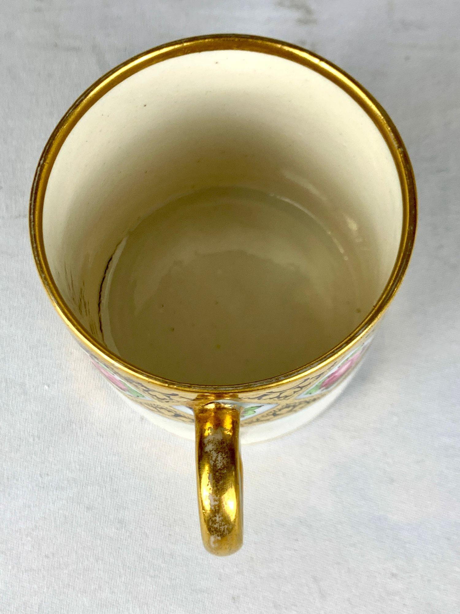 Porcelain Set of Six 18th Century English Espresso Cups with Roses & Gilt Decoration For Sale