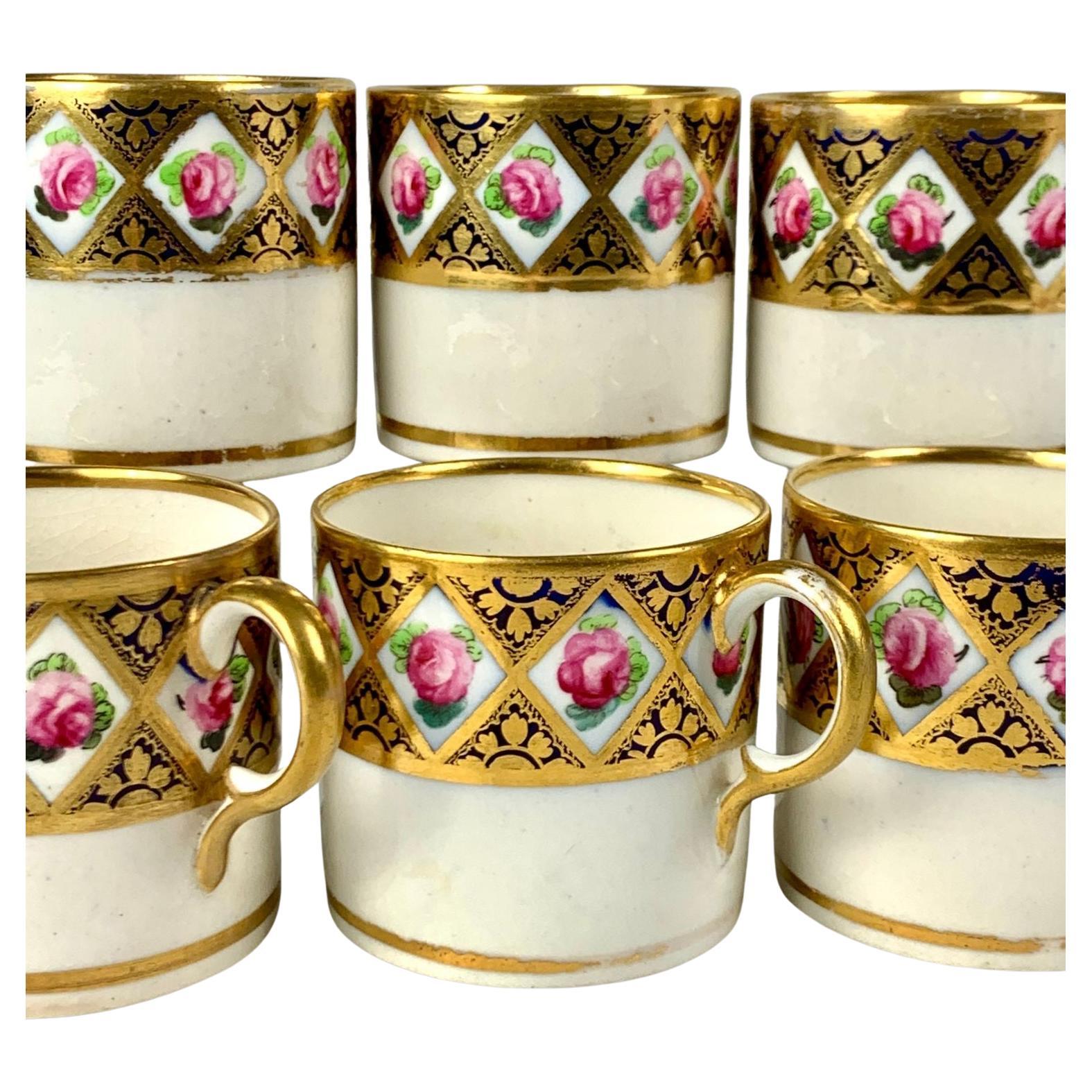 Set of Six 18th Century English Espresso Cups with Roses & Gilt Decoration For Sale