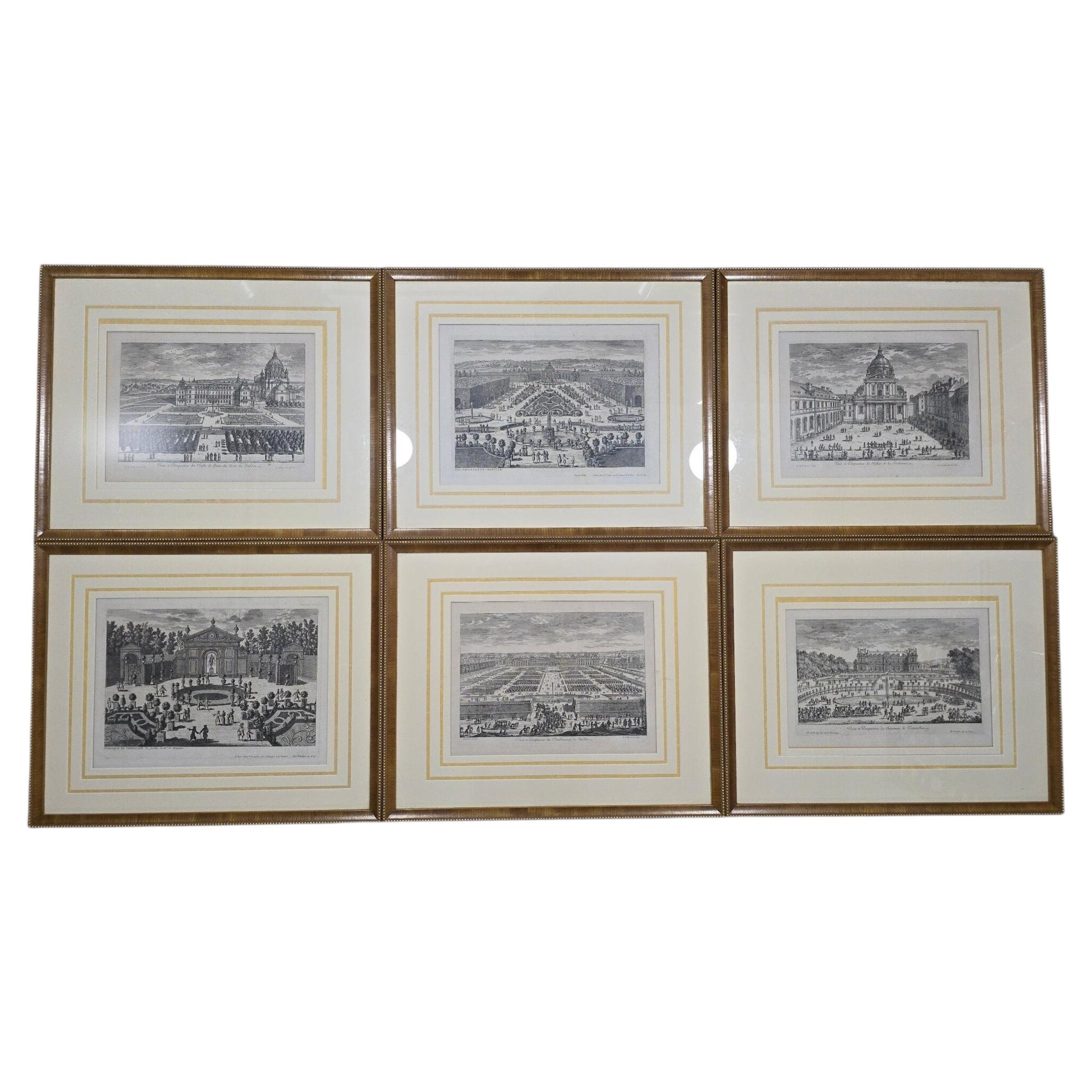 Set of Six 18th Century French Engravings of Formal Garden Views, Framed