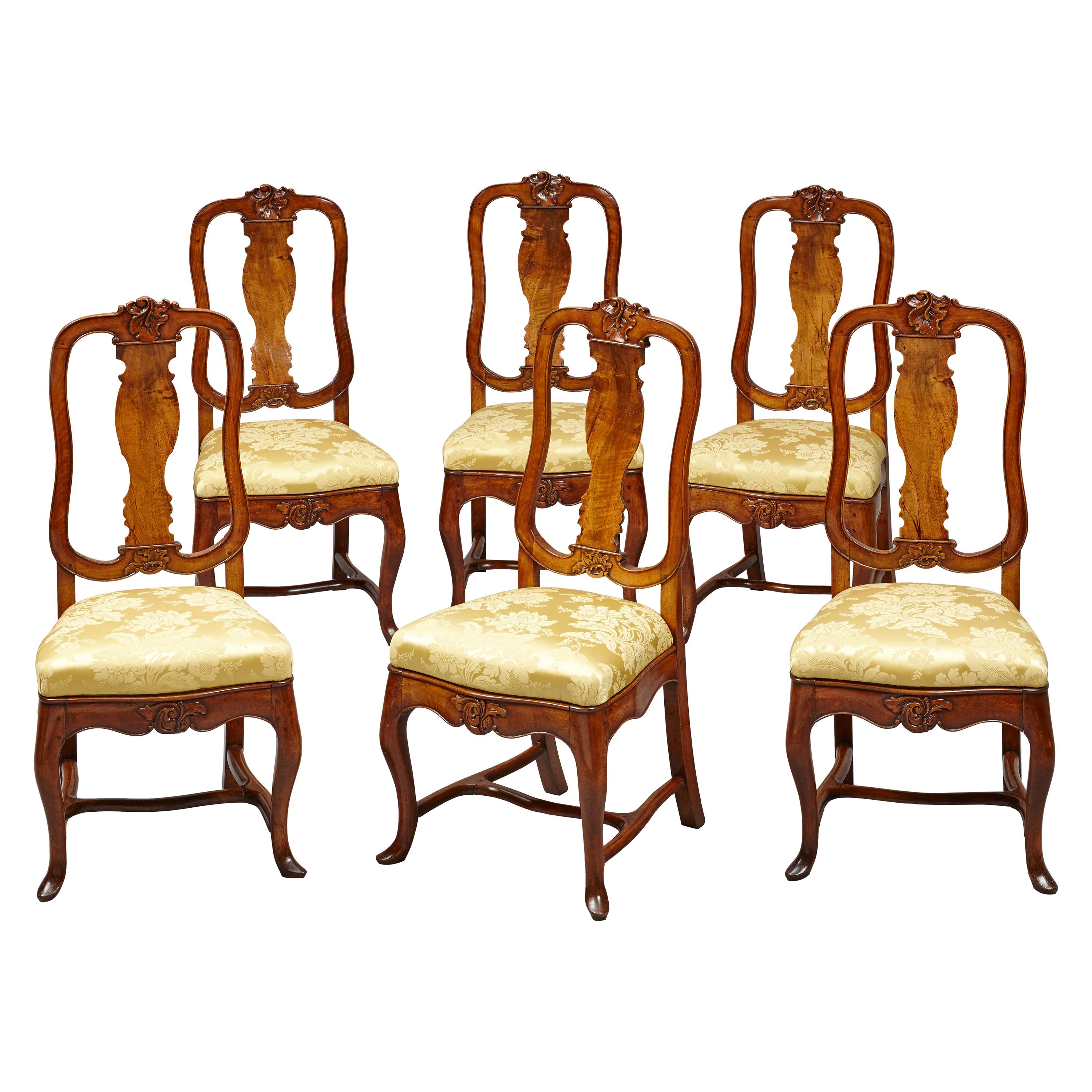 Set of Six 18th Century German Baroque Walnut Dining Chairs