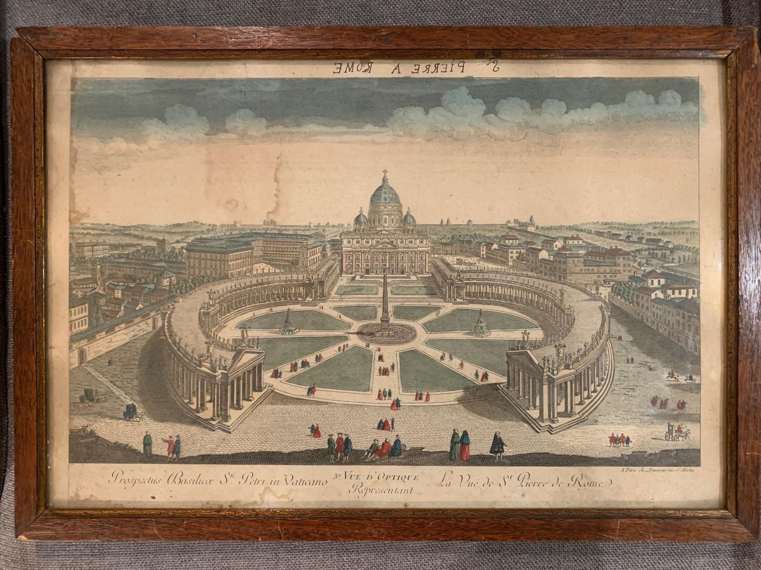 Set of six hand-colored engravings, representing different views, with its original oakwood frame.
Royal Monastery of the Escorial, Toledo Cathedral, interior Santa Genoveva church in Paris, Idealized view of Ancient Rome, St. Peter's Square in the