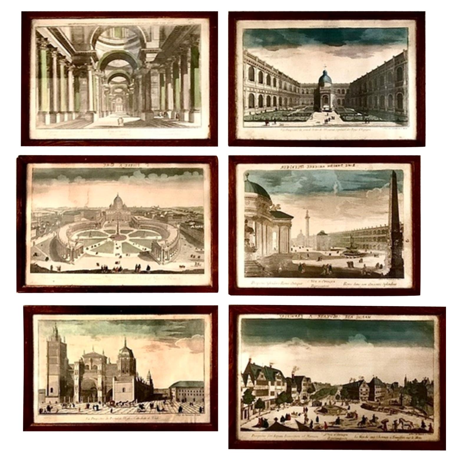Set of Six 18th Century Hand Colored Engravings