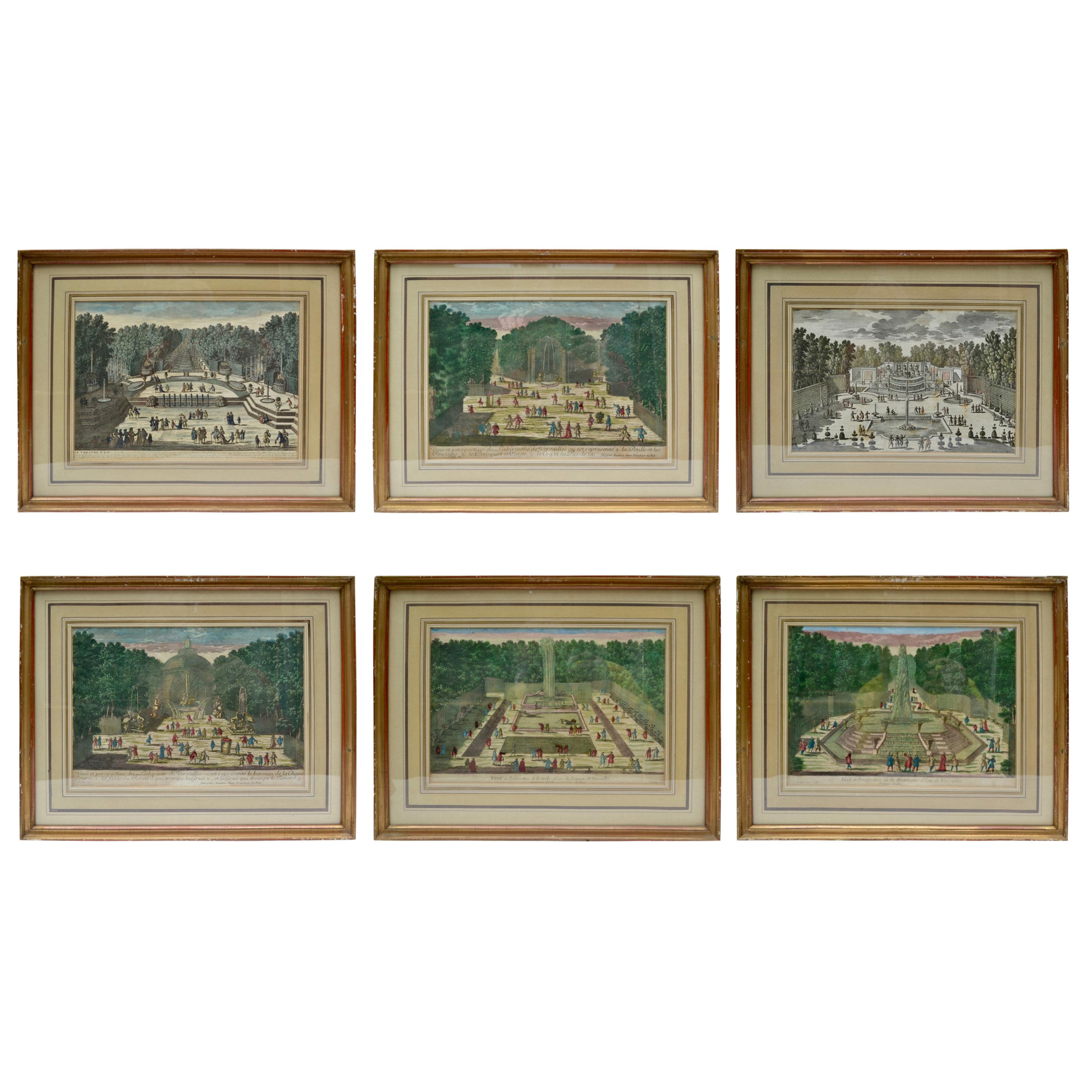 Set of Six 18th Century Hand Colored Engravings of the Gardens at Versailles
