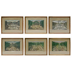 Ensemble de six gravures colorées à la main du 18ème siècle représentant les jardins de Versailles