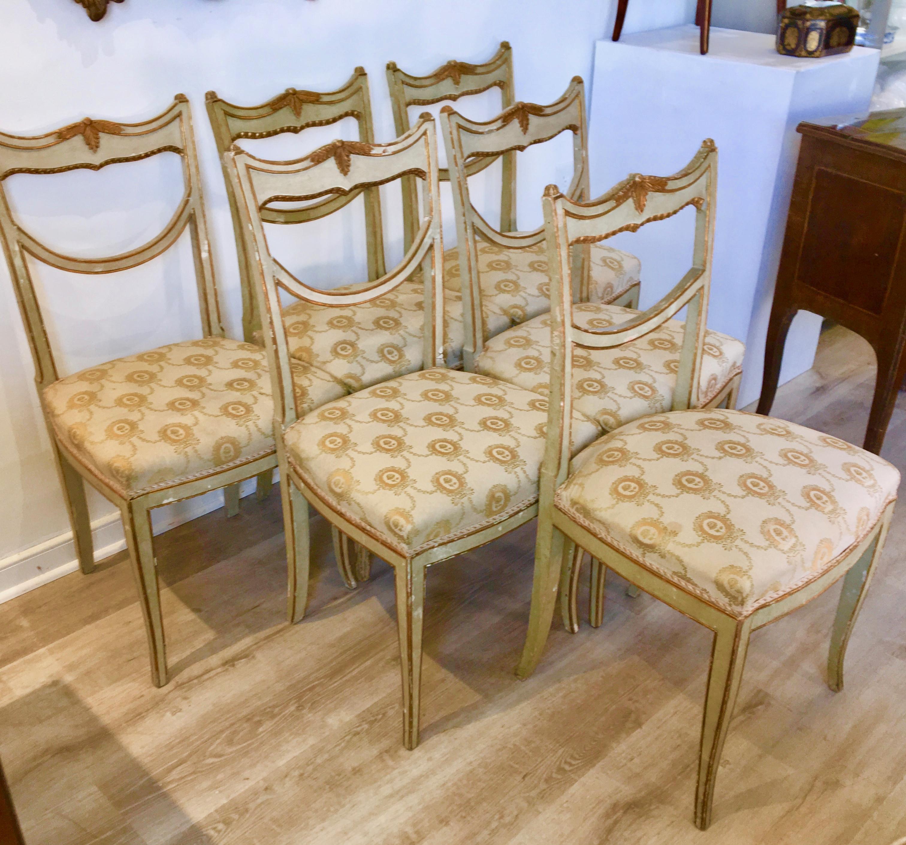 18th Century and Earlier Set of Six 18th Century Italian Painted, Carved, and Gilded Dining Chairs