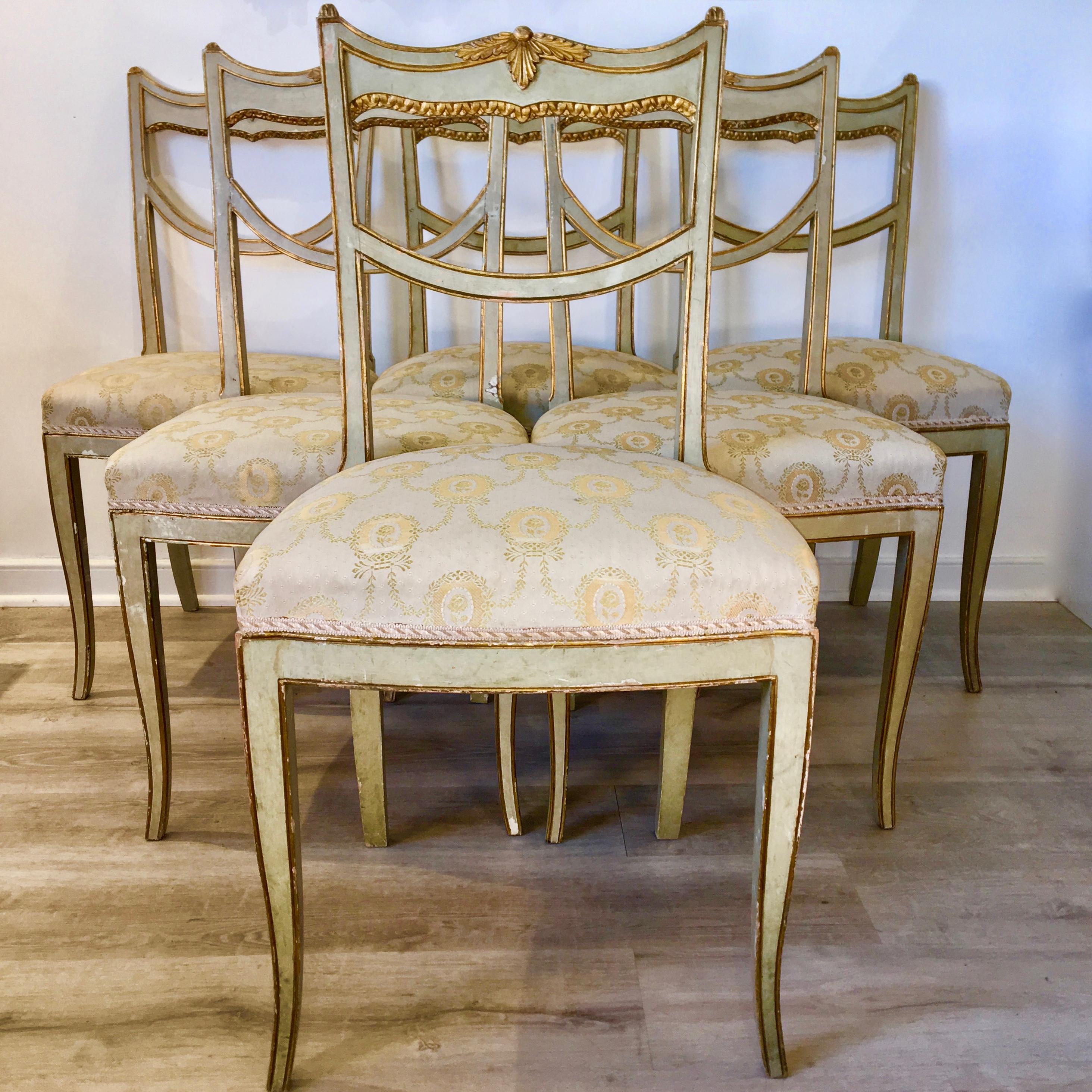 Wood Set of Six 18th Century Italian Painted, Carved, and Gilded Dining Chairs