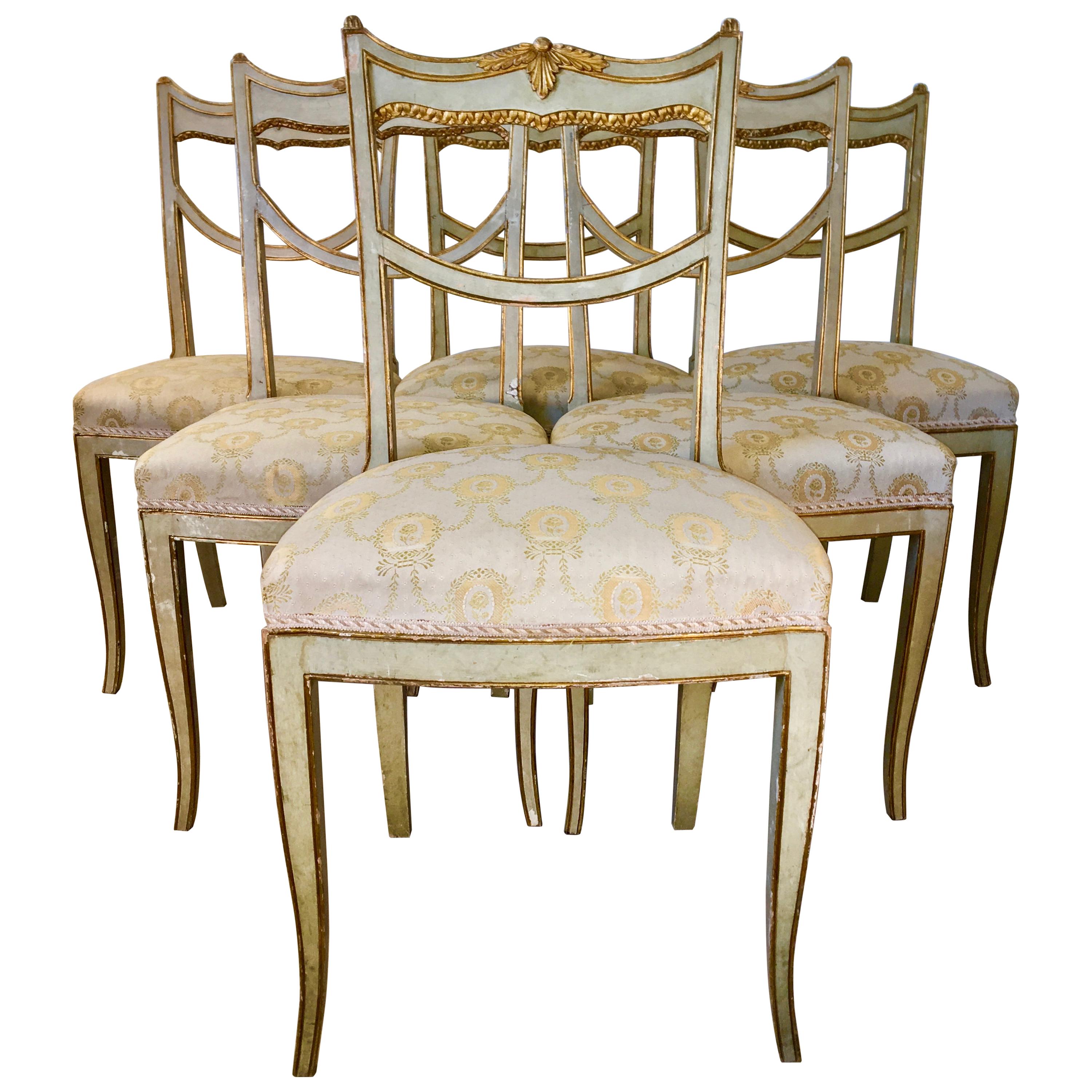 Set of Six 18th Century Italian Painted, Carved, and Gilded Dining Chairs