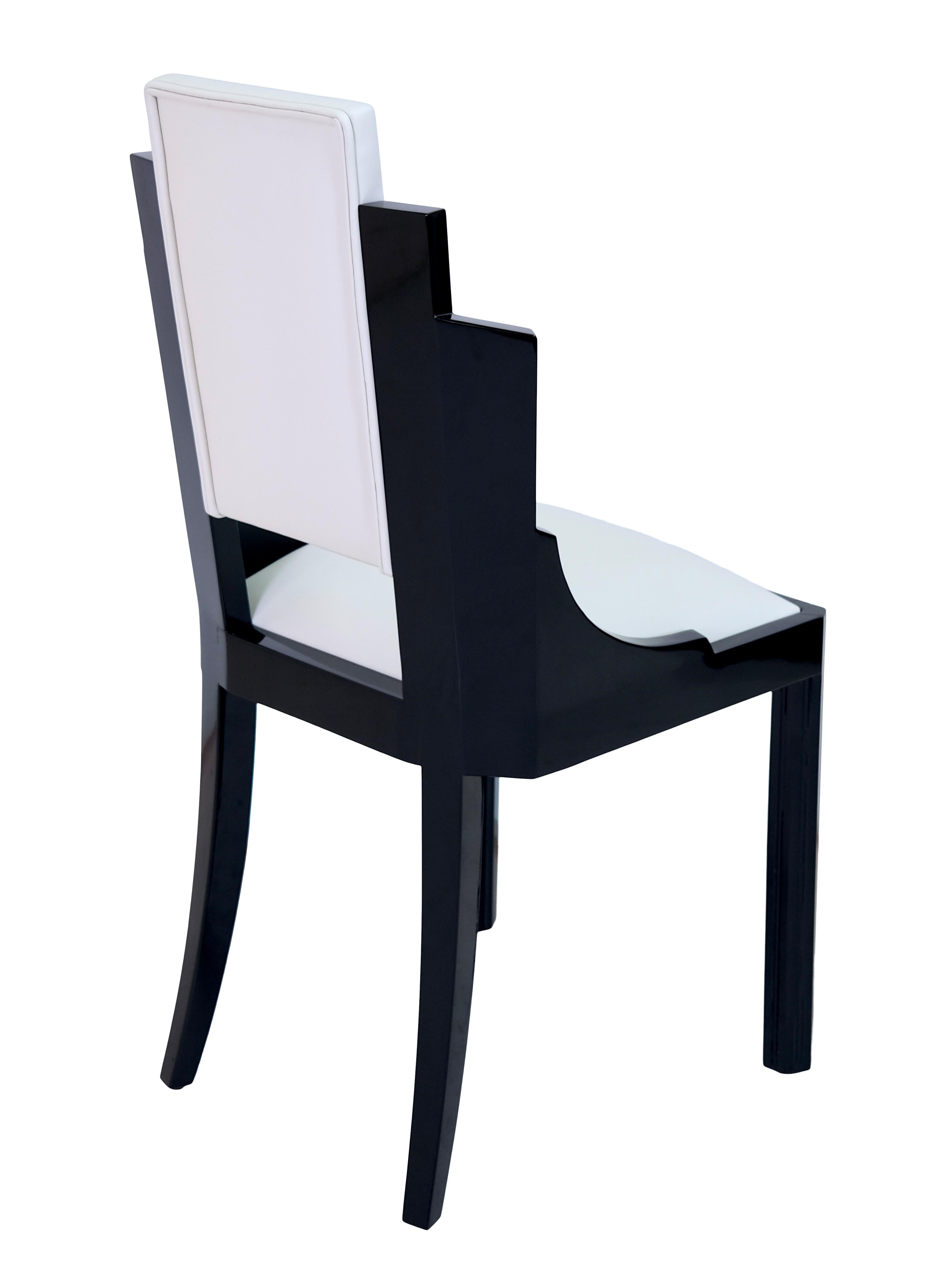 Lacquered Set of Six 1930s Art Deco Dining Room Chairs in Black Lacquer and White Leather