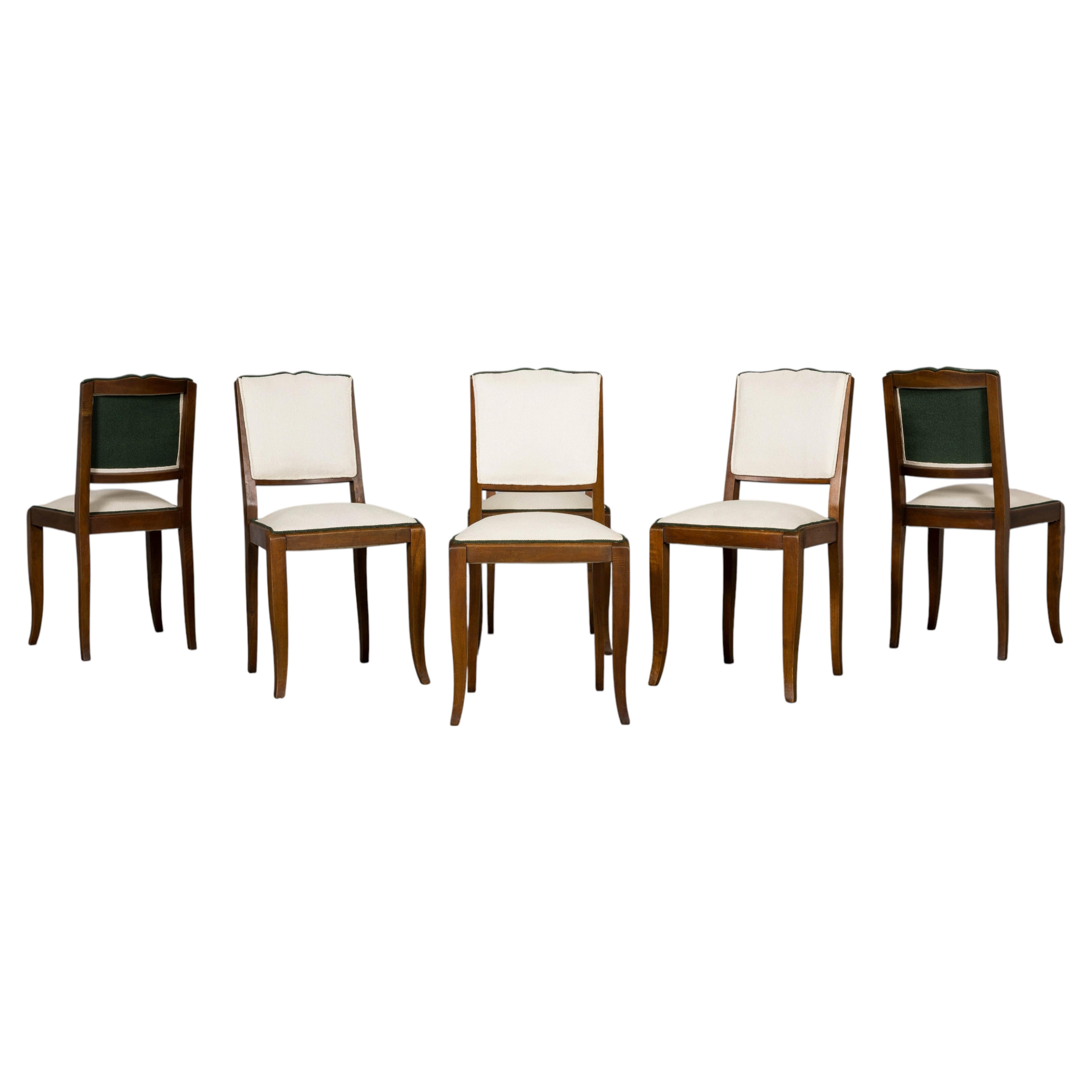 Set of Six 1930s French Art Deco Mustache Back Walnut Dining Chairs