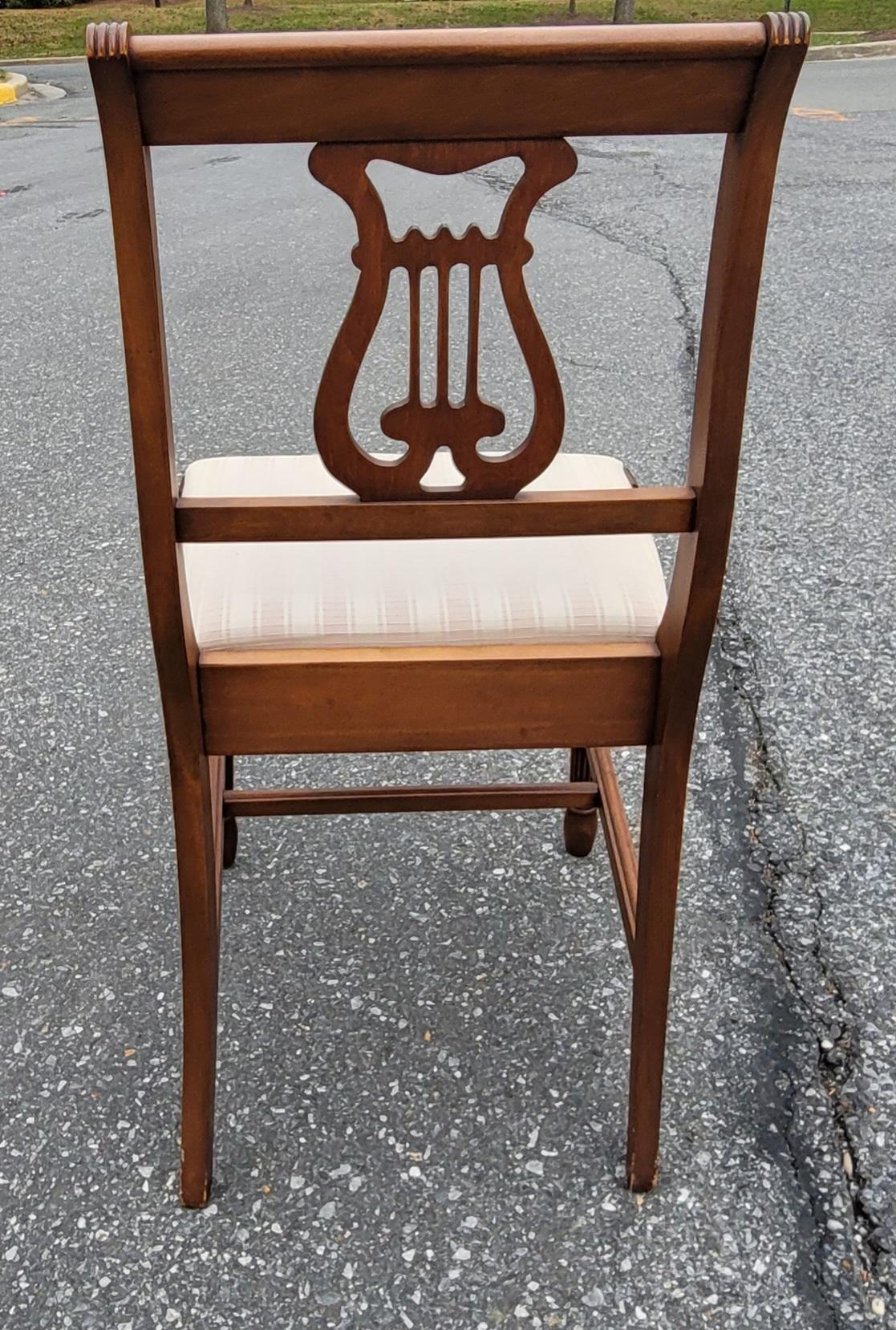 Set of Six 1930s Refinished Lyre-Back Mahogany and Upholstered Dining Chairs For Sale 3