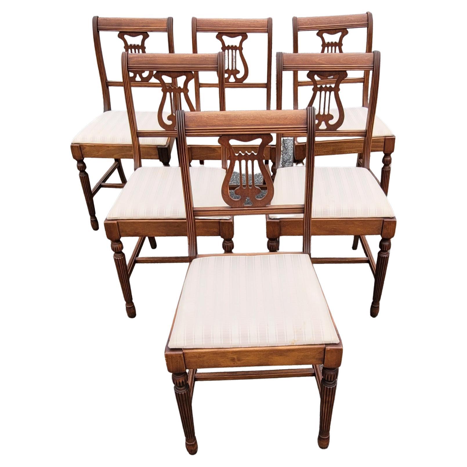 George IV Set of Six 1930s Refinished Lyre-Back Mahogany and Upholstered Dining Chairs For Sale