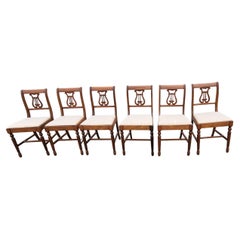 Set of Six 1930s Refinished Lyre-Back Mahogany and Upholstered Dining Chairs