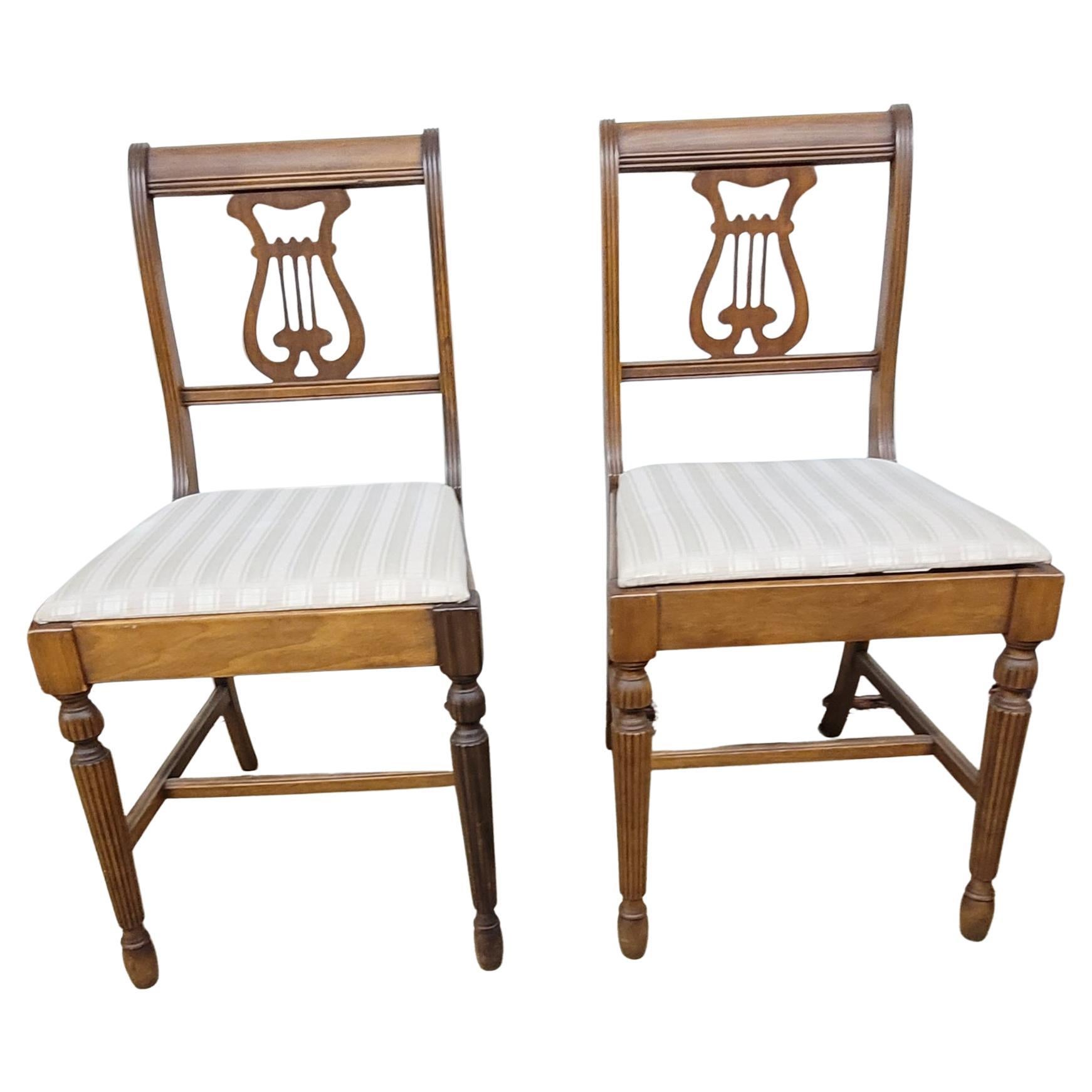Set of Six 1930s Refinished Lyre-Back Mahogany and Upholstered Dining Chairs For Sale 1