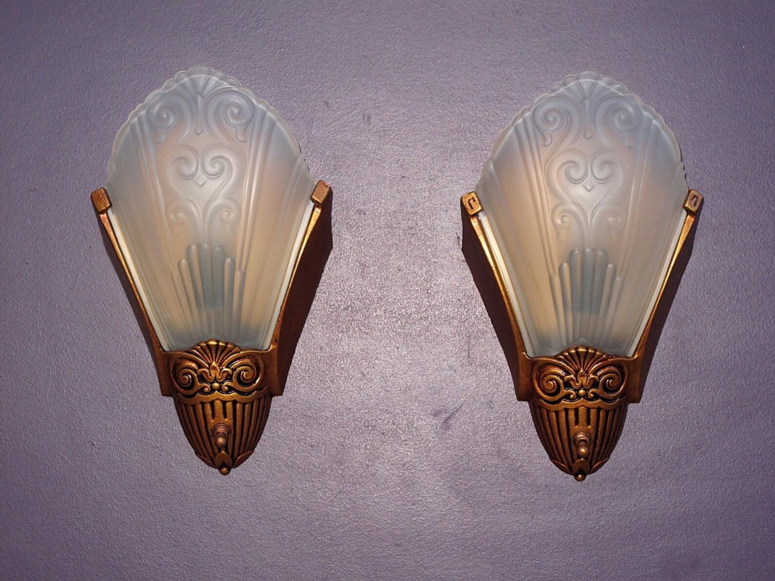 Cast Set of Six 1930s Slip Shade Sconces  For Sale