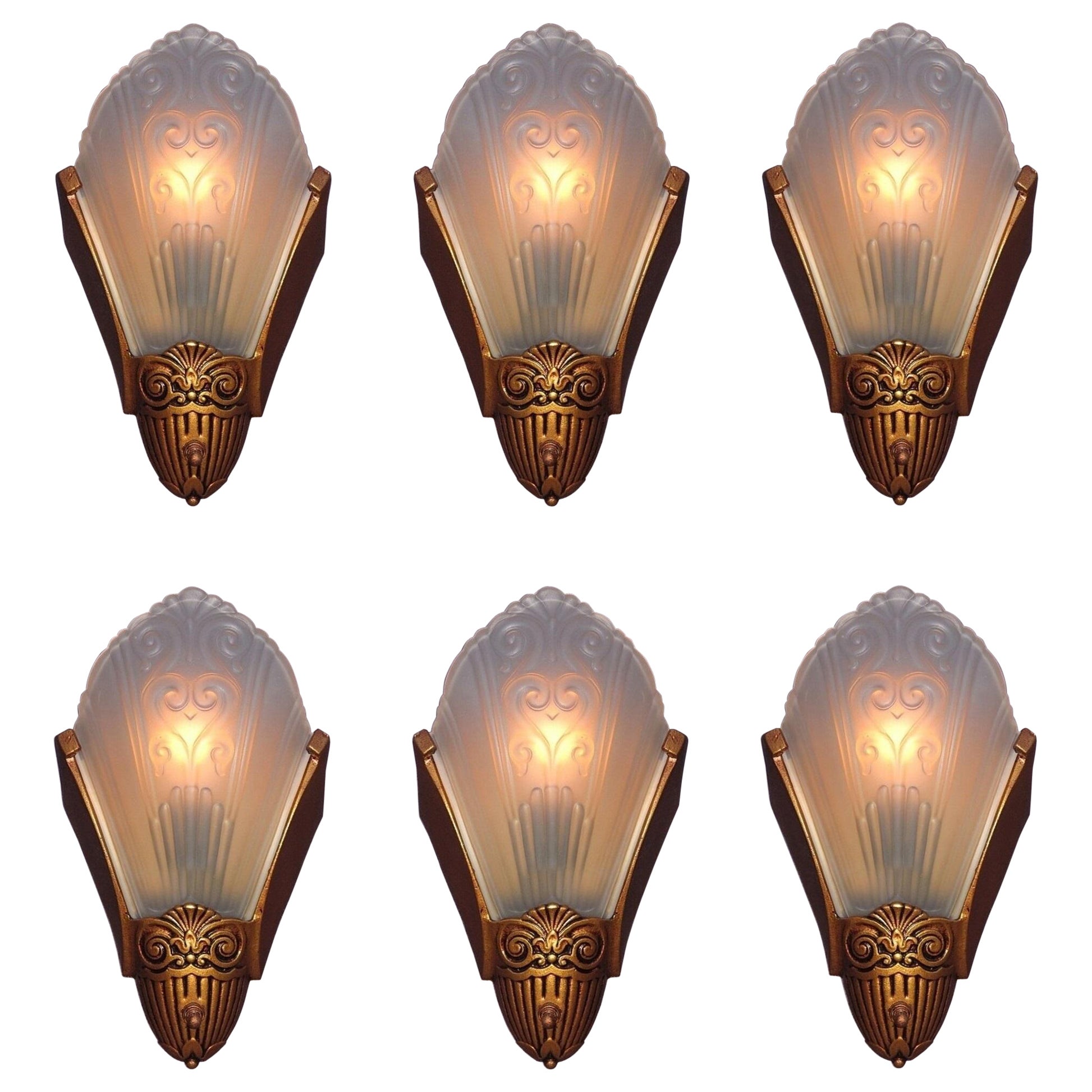Set of Six 1930s Slip Shade Sconces