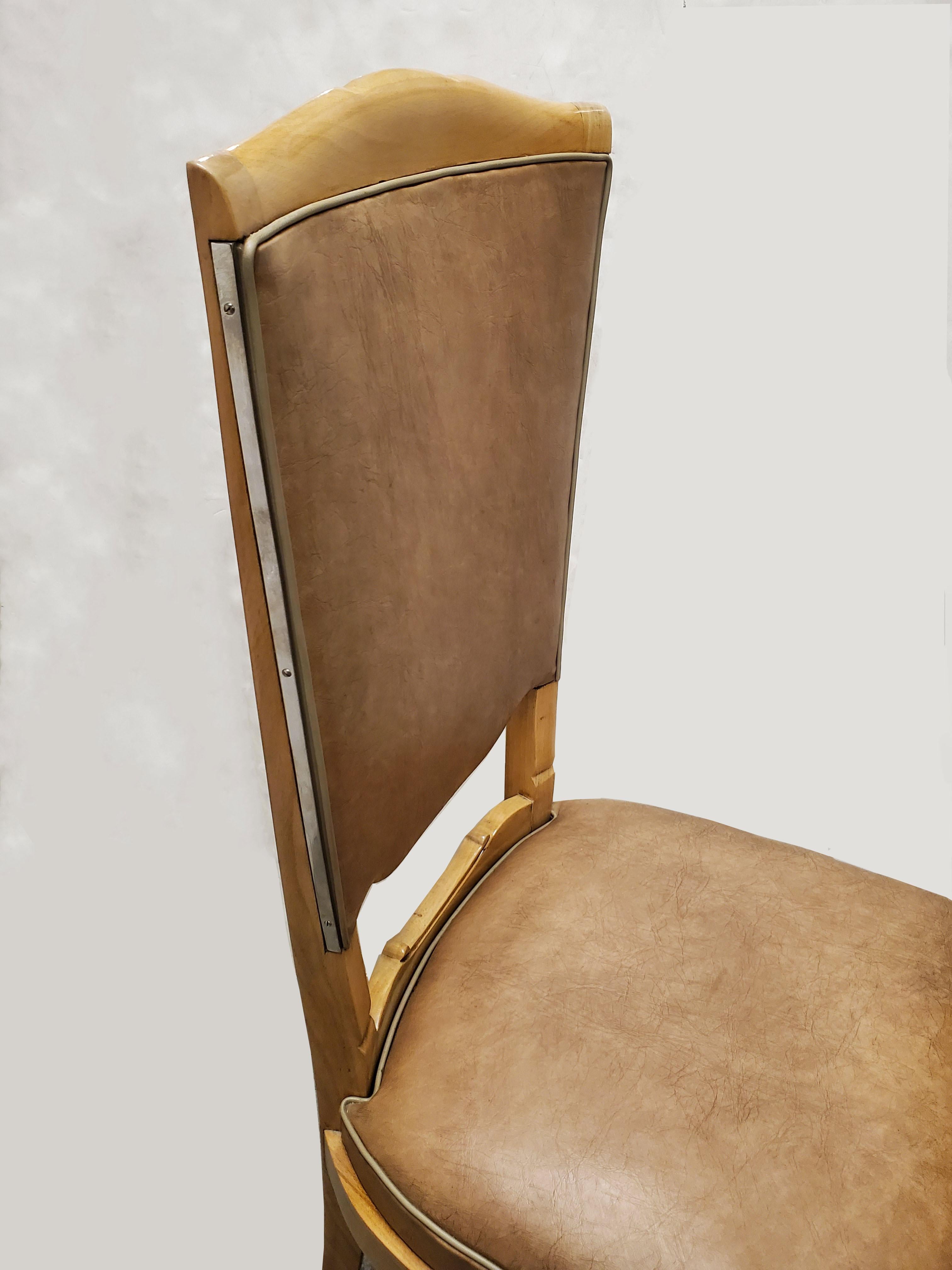 Set of Six 1940's Dining Chairs in Beech w/ Nickel Detail, Attrib to Rene Prou For Sale 6