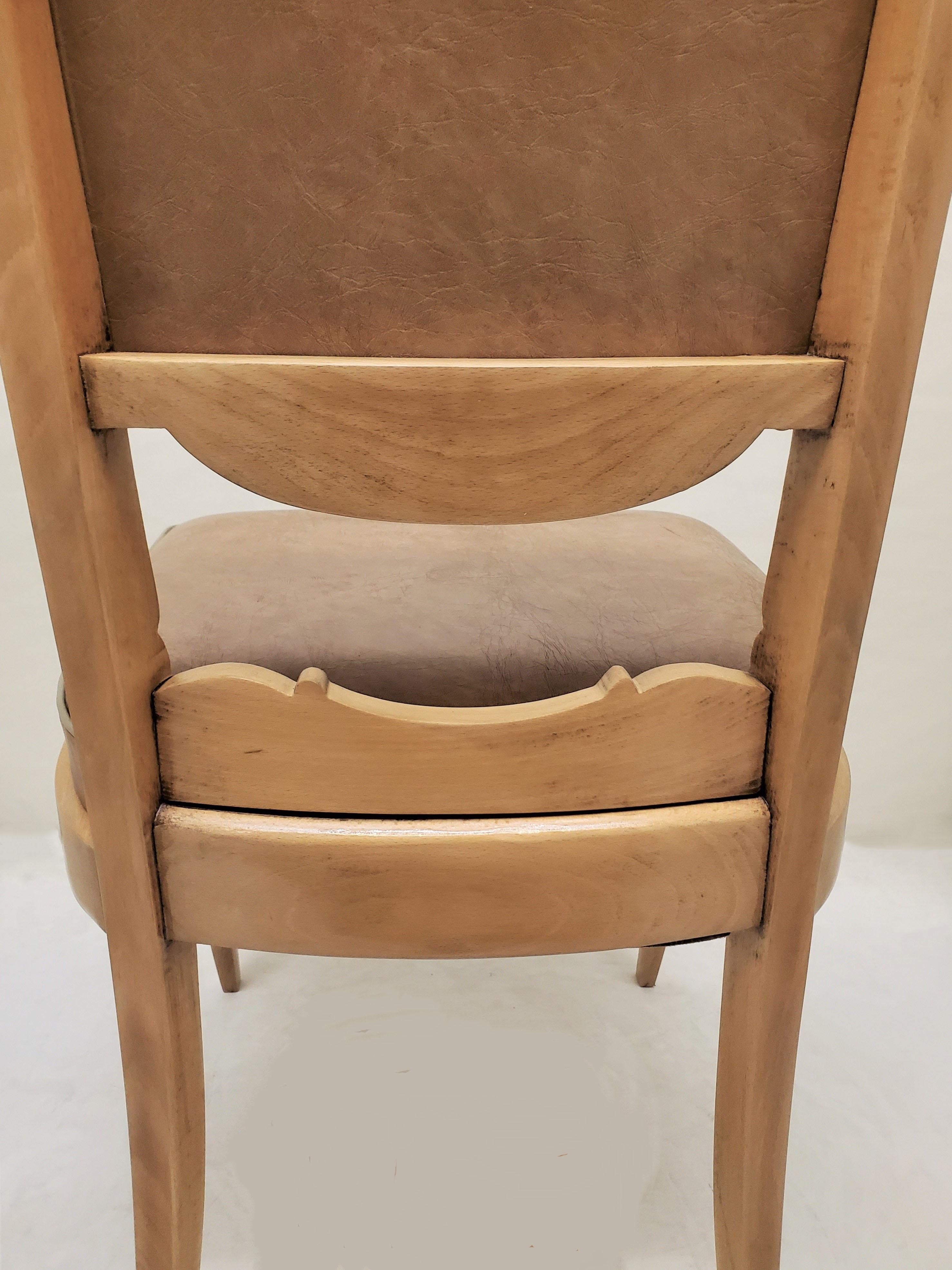Set of Six 1940's Dining Chairs in Beech w/ Nickel Detail, Attrib to Rene Prou For Sale 7