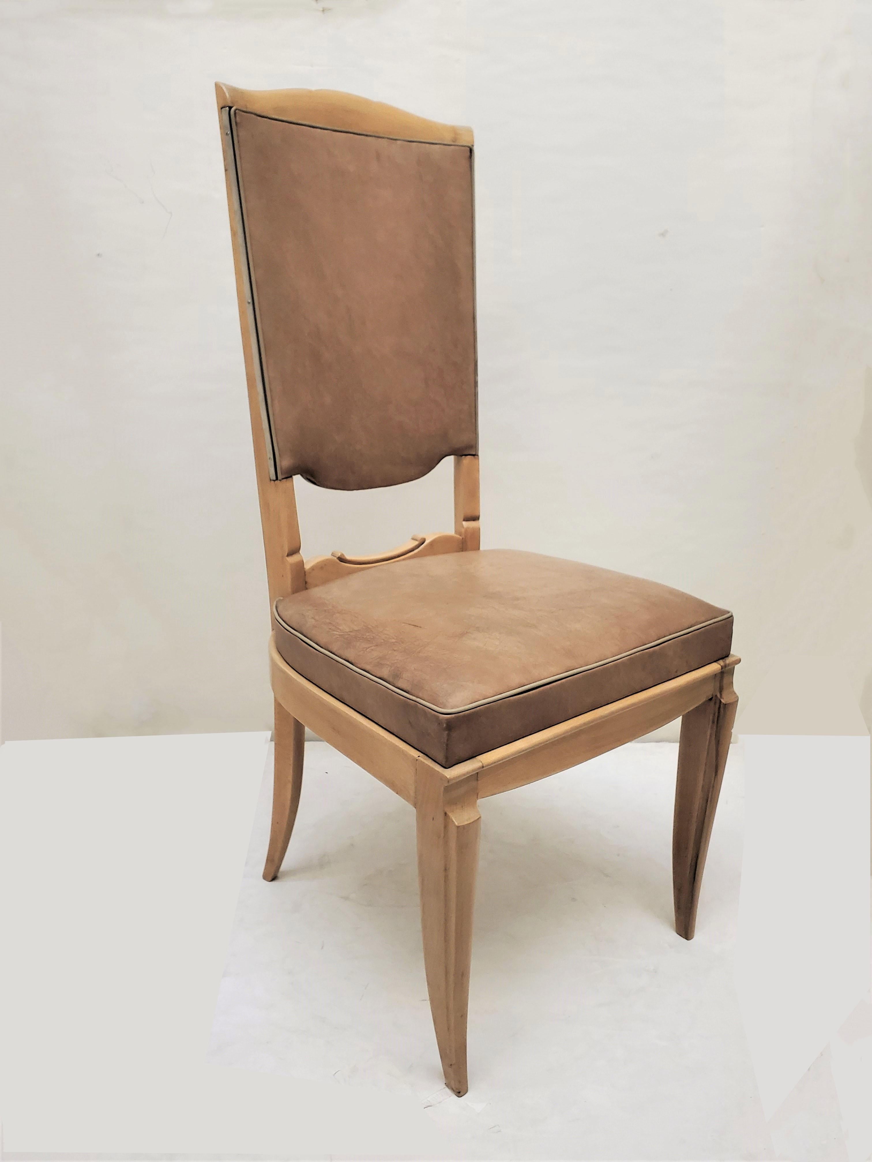 Set of Six 1940's Dining Chairs in Beech w/ Nickel Detail, Attrib to Rene Prou For Sale 12