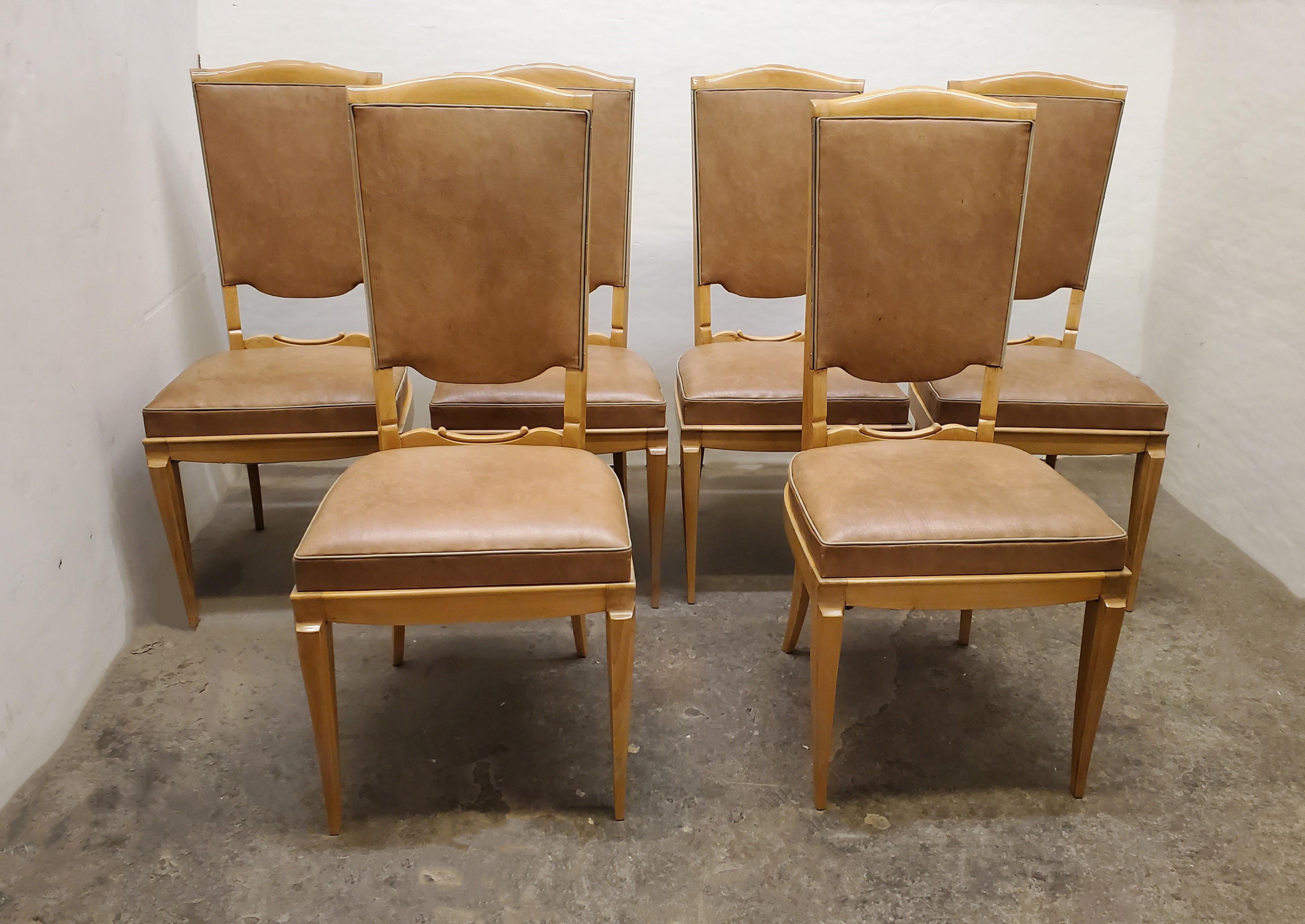 Set of Six 1940's Dining Chairs in Beech w/ Nickel Detail, Attrib to Rene Prou For Sale 13