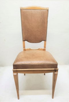 Set of Six 1940's Dining Chairs in Beech w/ Nickel Detail, Attrib to Rene Prou