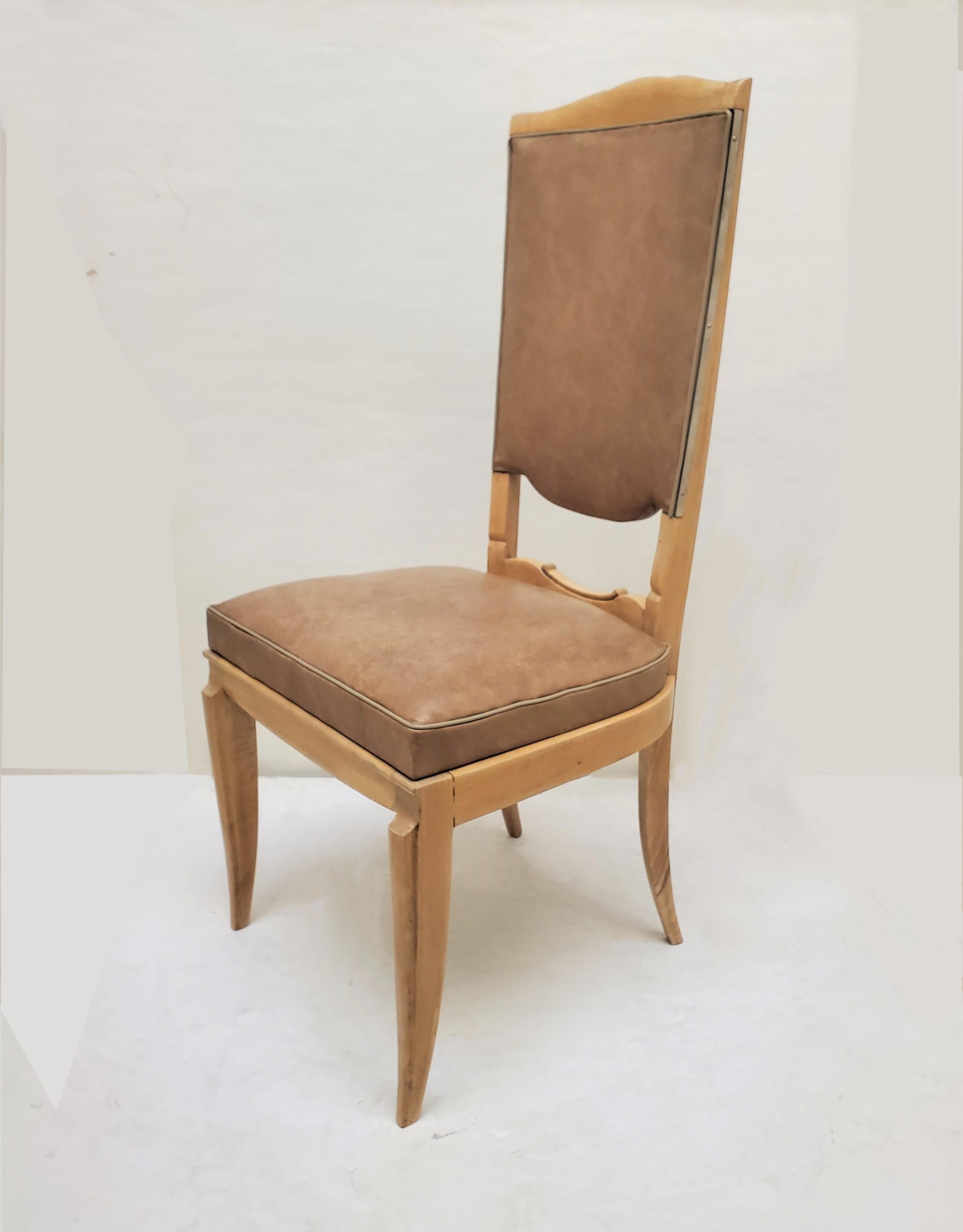 French Set of Six 1940's Dining Chairs in Beech w/ Nickel Detail, Attrib to Rene Prou For Sale