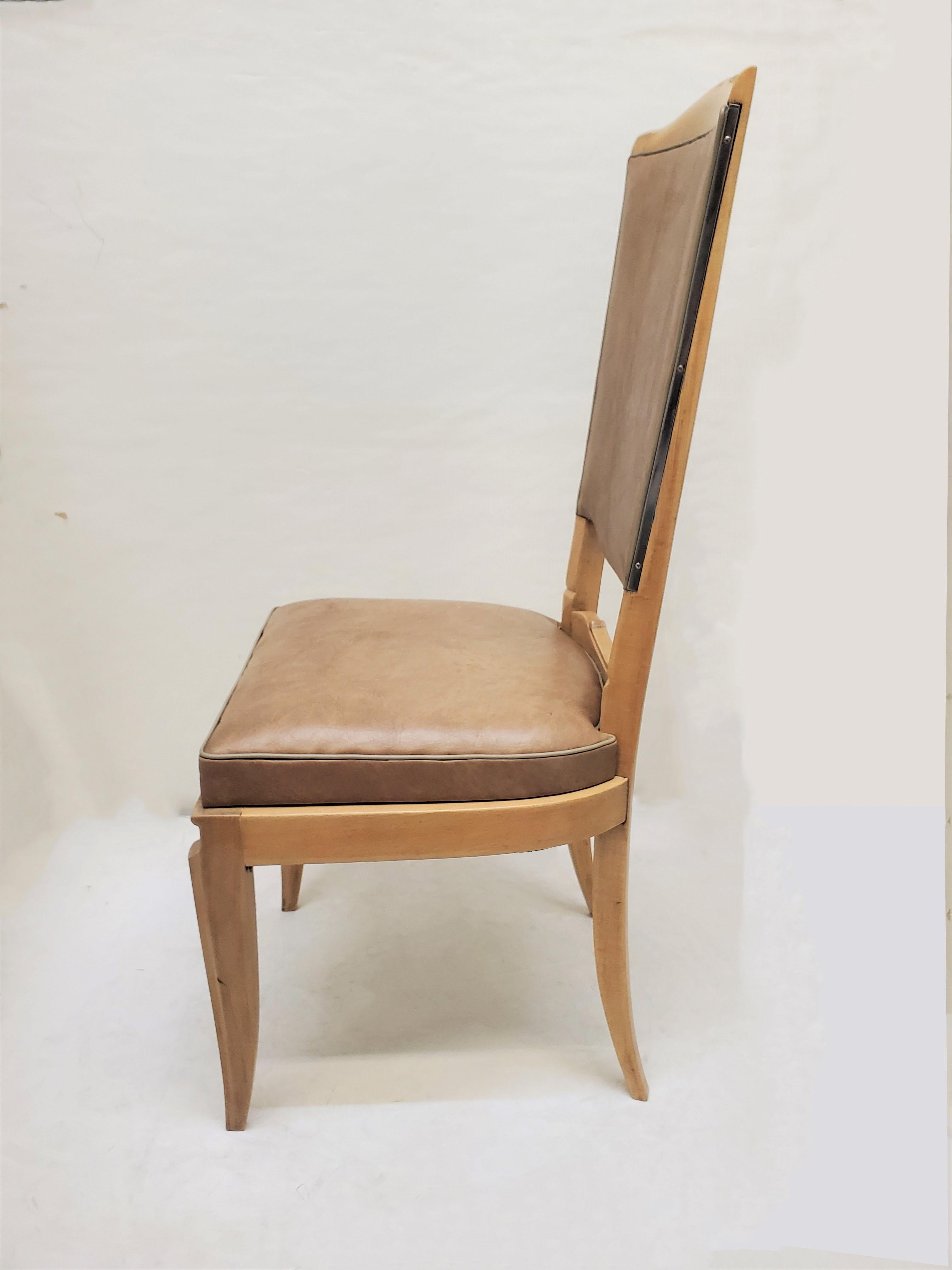 Set of Six 1940's Dining Chairs in Beech w/ Nickel Detail, Attrib to Rene Prou In Good Condition For Sale In New York City, NY
