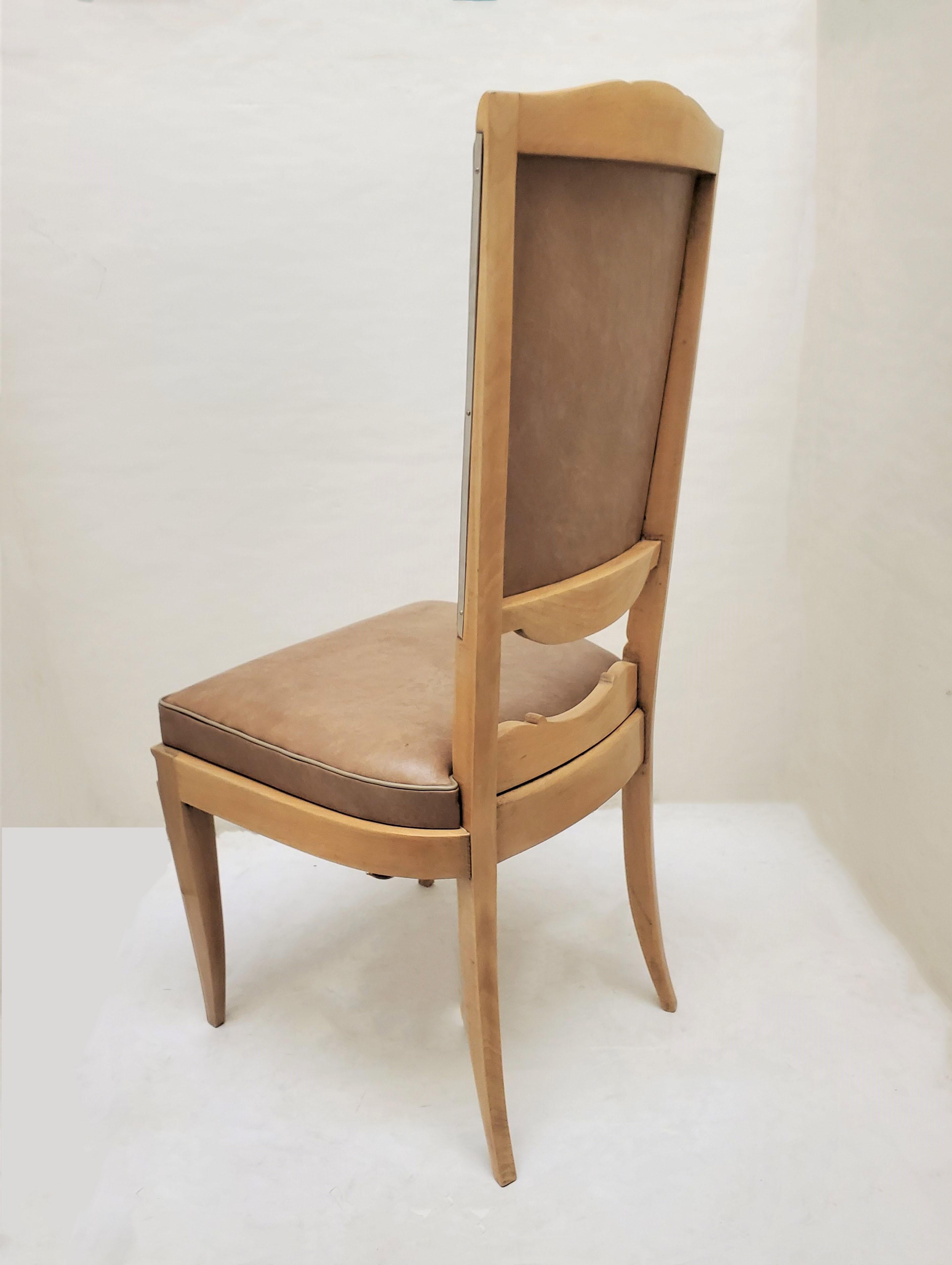 20th Century Set of Six 1940's Dining Chairs in Beech w/ Nickel Detail, Attrib to Rene Prou For Sale