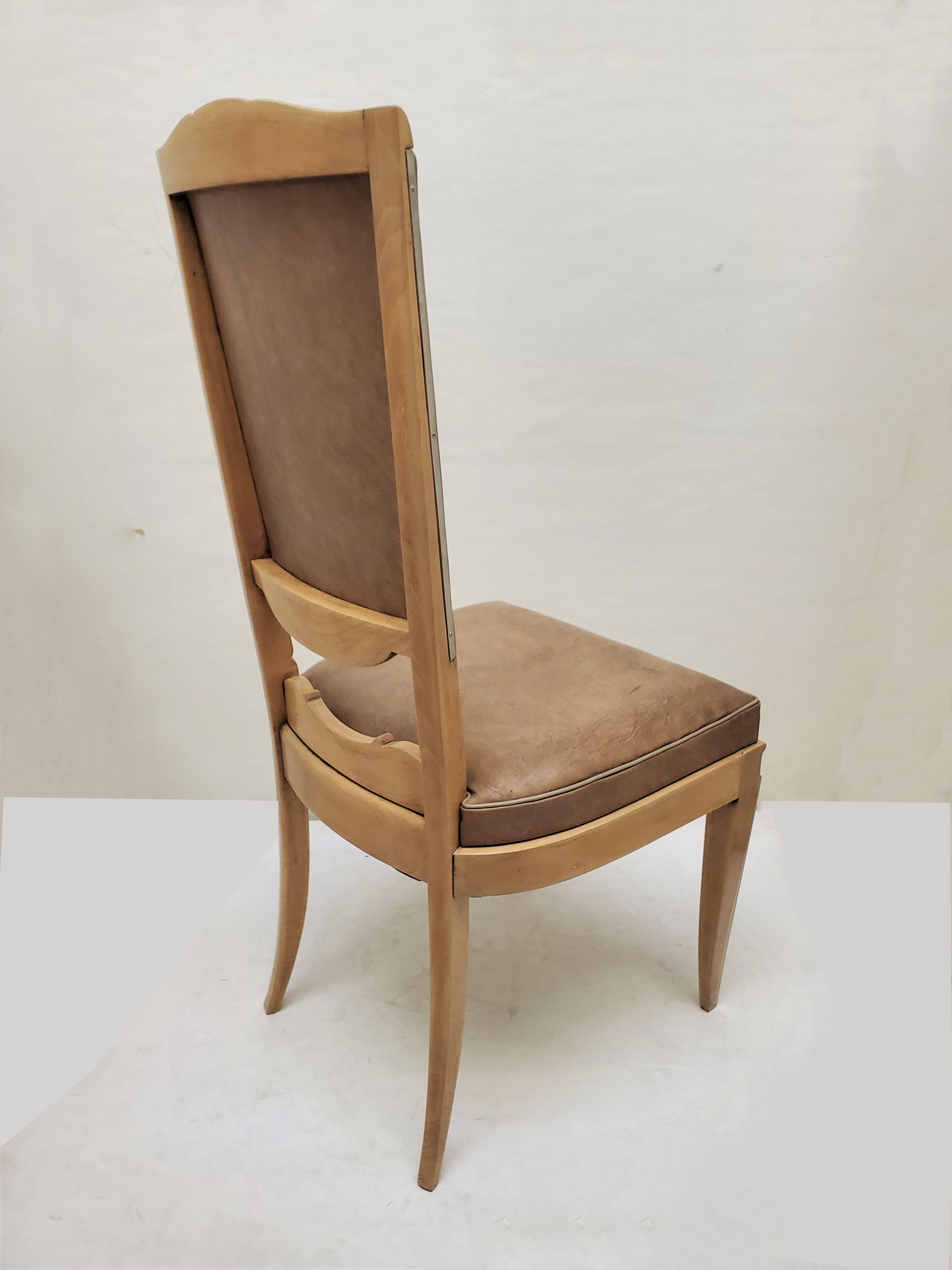 Set of Six 1940's Dining Chairs in Beech w/ Nickel Detail, Attrib to Rene Prou For Sale 1