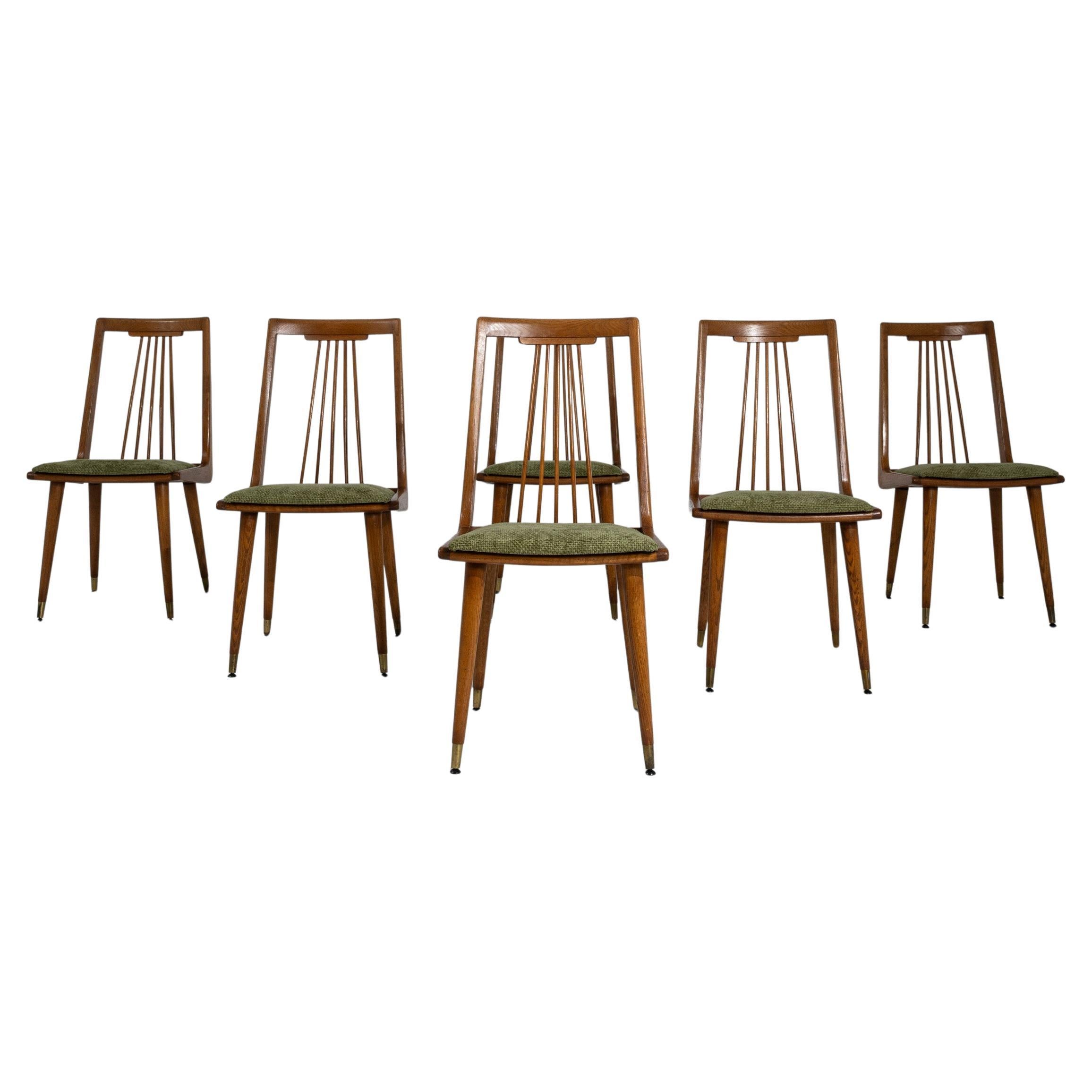 Set Of Six 1940s French Modern Dining Chairs With Upholstered Seats For Sale