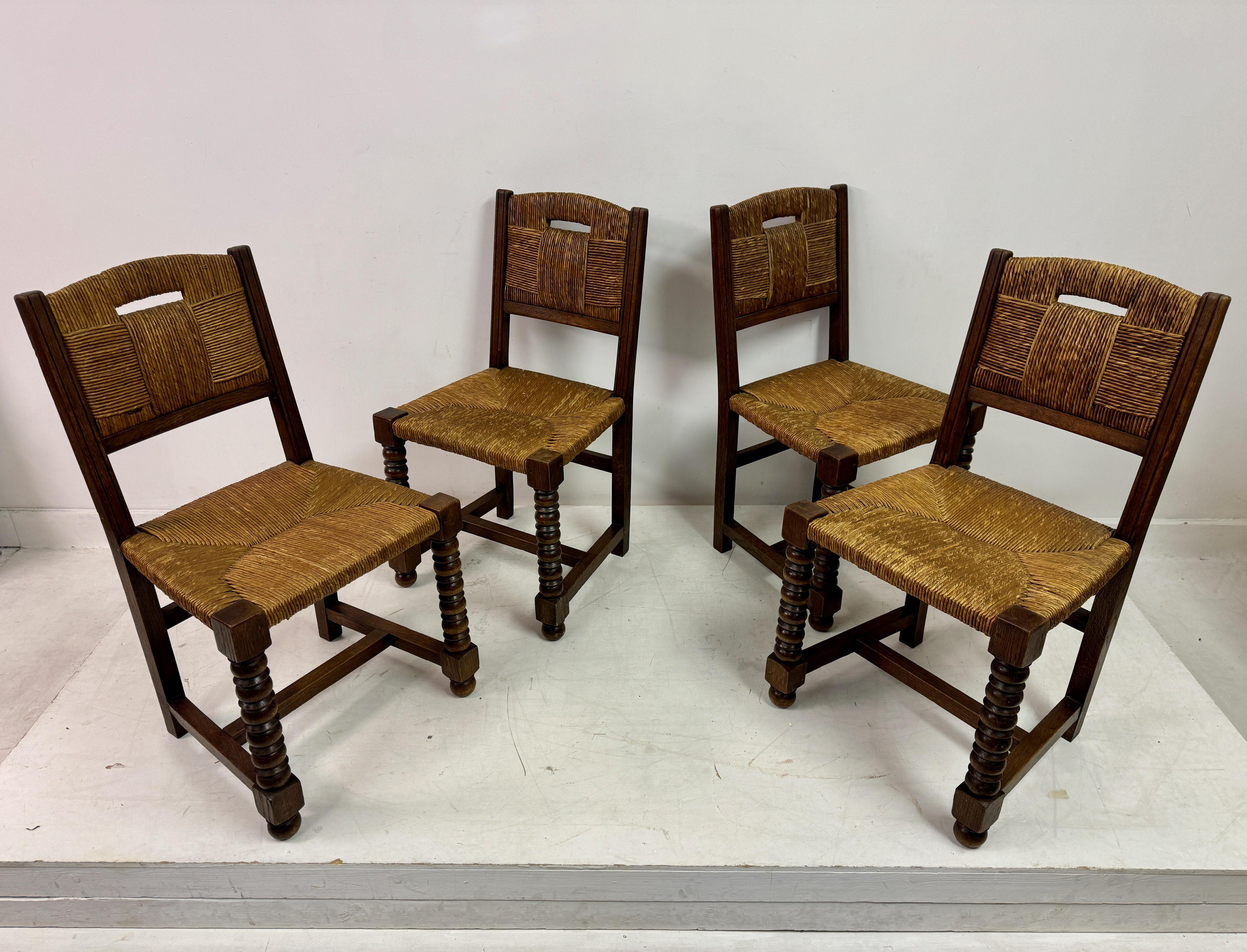 Set Of Six 1940s French Oak And Rush Dining Chairs For Sale 6