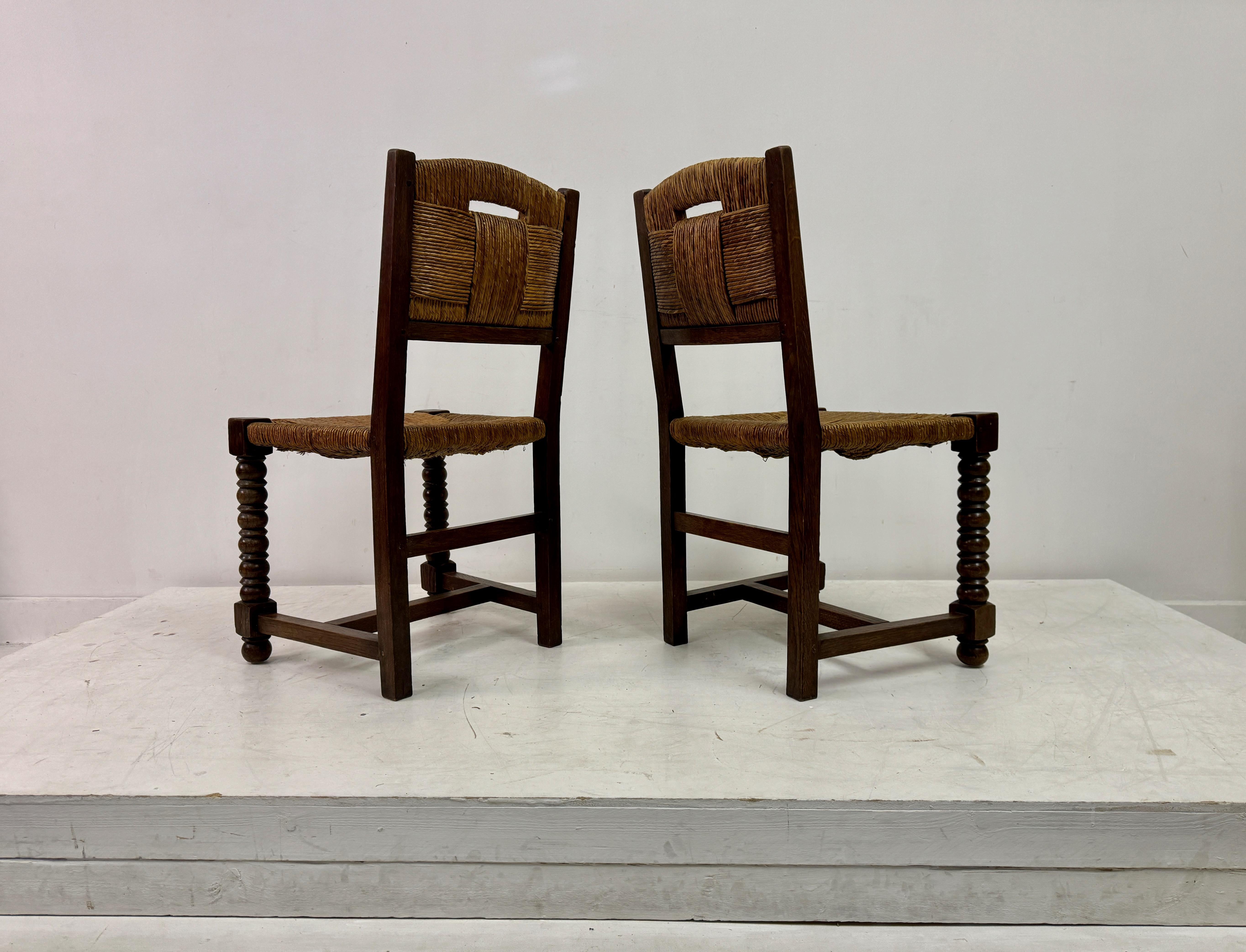 Set Of Six 1940s French Oak And Rush Dining Chairs For Sale 12