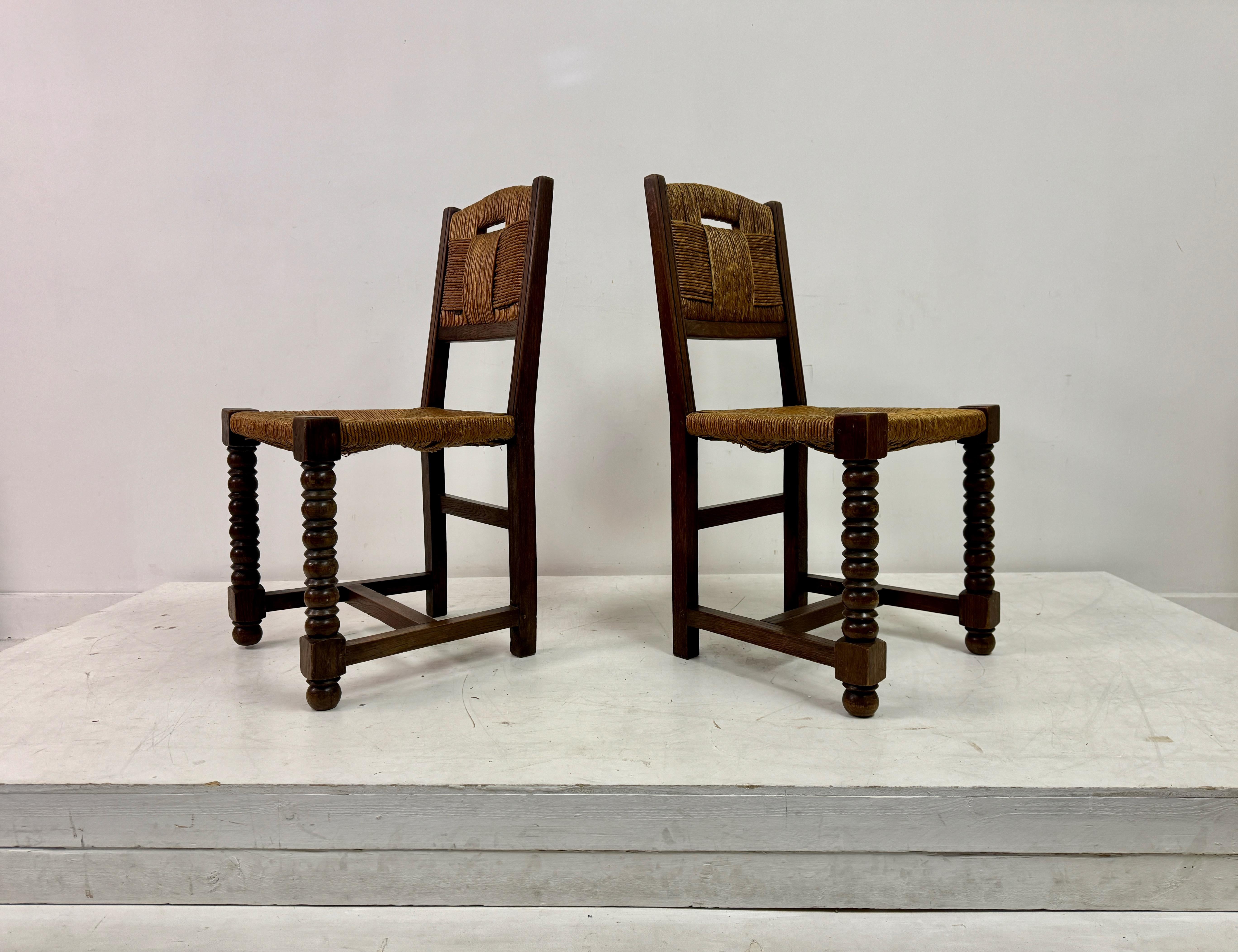 Set Of Six 1940s French Oak And Rush Dining Chairs For Sale 14